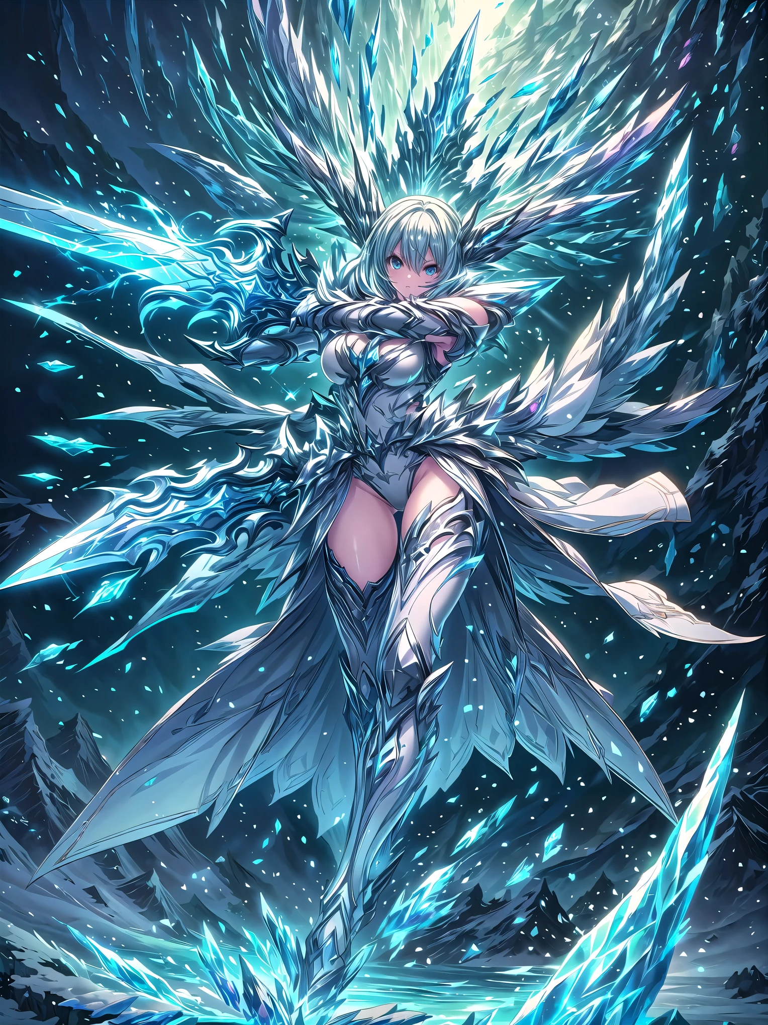 (((masterpiece, best quality, high detailed, 16k))), A girl holding a sword in her hand, female goddess, Ornate Sword, ice frozen sword, Planted Sword, (close-up of sword), light blue eyes, light blue hair, big breasts, white bikini dress, light blue cloak, powerful and fantastic full armor, cropped shoulders armor, plate armor, skinny waist, cleavage, thighs, thigh highs, glaring, weapon, (sword:1.3), fighting stance, dynamic angle, attack battle form, gripping, magnificent, epic, majestic, magical, fantasy art, cover art, ice and snow background surrounded by ice mountains. (detailed face), (detailed eyes), ((full body front view)), (extremely detailed:1.5)