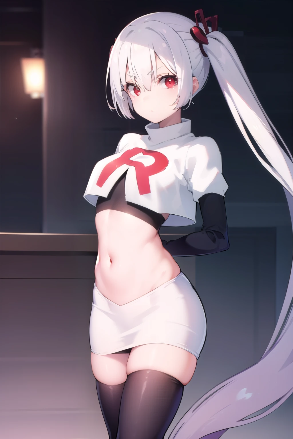 (masterpiece:1.2), (pale skin:1.2), (8k:1.2), (solo:1.2), (female:1.1), (dynamic angle), long hair, gray hair, yellow eyes, team rocket,team rocket uniform,white skirt,red letter R,crop top,black thigh-highs,black elbow gloves