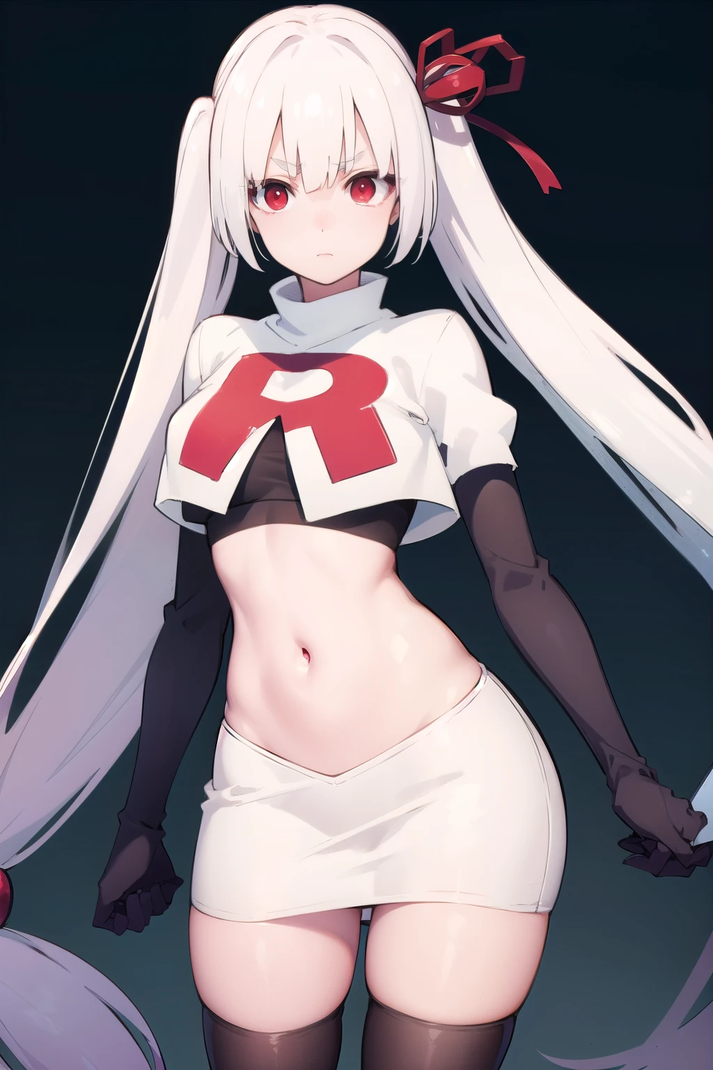 masterpiece, best quality, shenhe \(genshin impact\),hair over one eye, grey eyes, long hair, 1girl, solo, earrings, hair ornament, team rocket,team rocket uniform, red letter R, white skirt,white crop top,black thigh-highs,black elbow gloves