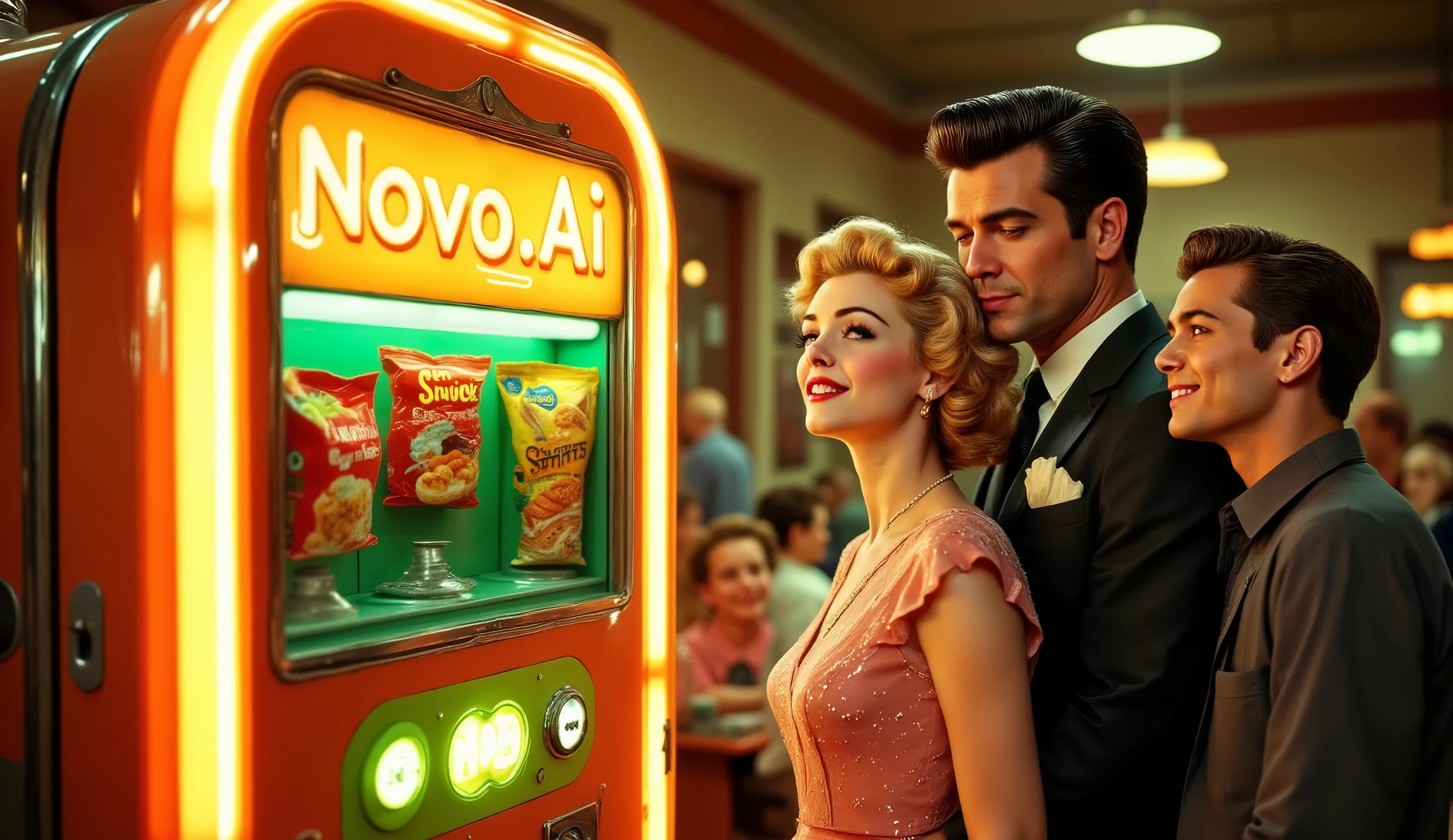 a promotional photo of a neon orange and green snack vending machine labeled "NOVA.AI" and a 1950s family, with a man wearing a 1950s suit and pompadour hair and a wife wearing a flowing dress and 1950s clothing, hair sprayed, and a with short pompadour hair and a collared shirt smiling dreamily in the background. 1950s style