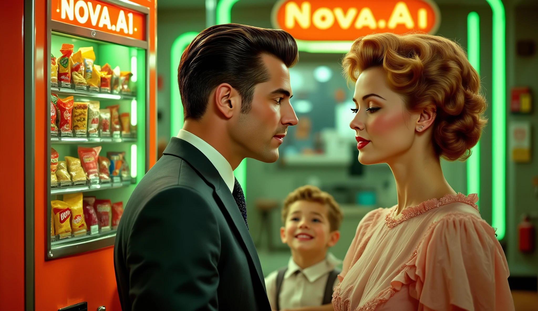 a promotional photo of a neon orange and green snack vending machine labeled "NOVA.AI" and a 1950s family, with a man wearing a 1950s suit and pompadour hair and a wife wearing a flowing dress and 1950s clothing, hair sprayed, and a with short pompadour hair and a collared shirt smiling dreamily in the background. 1950s style