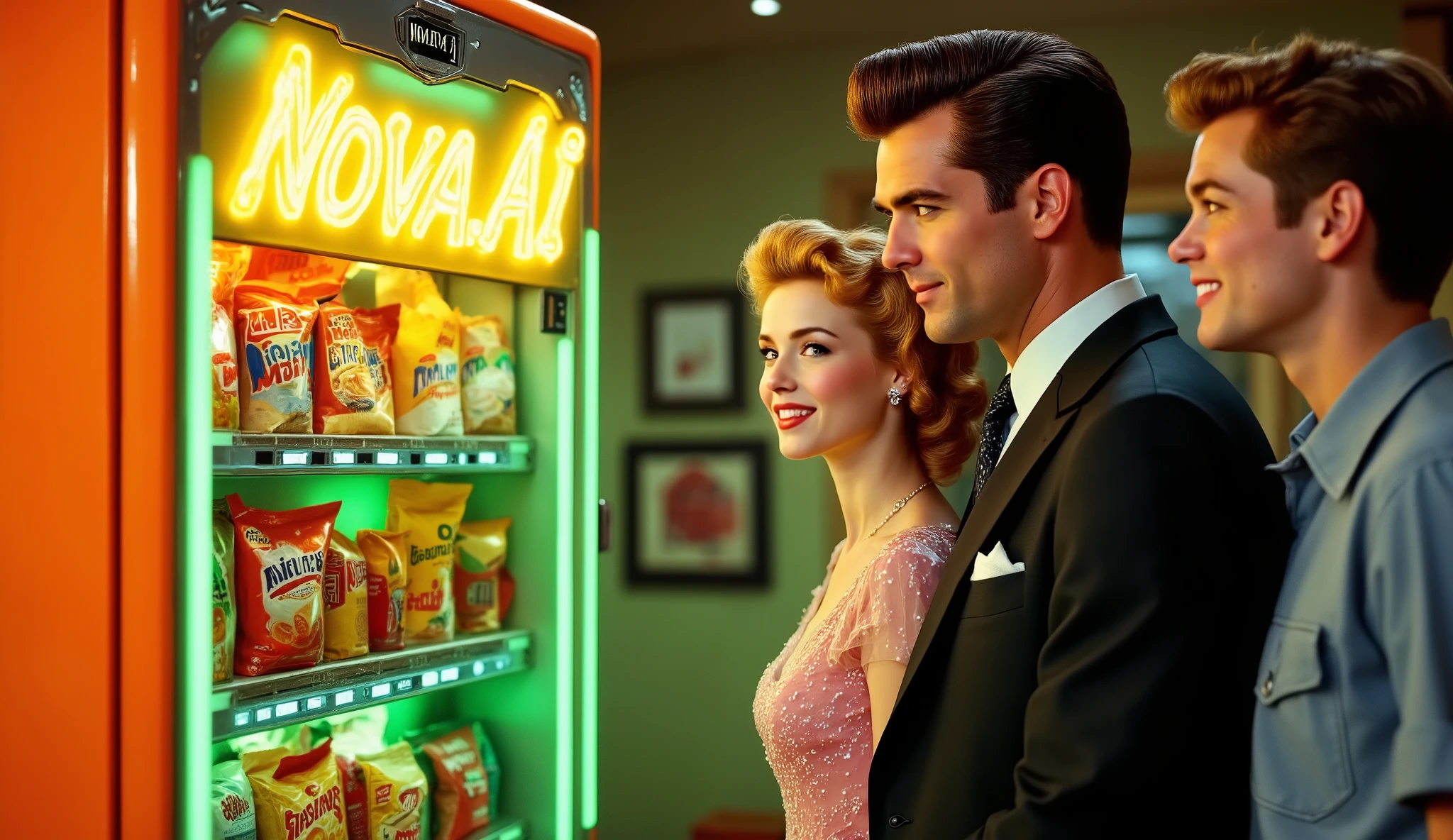 a promotional photo of a neon orange and green snack vending machine labeled "NOVA.AI" and a 1950s family, with a man wearing a 1950s suit and pompadour hair and a wife wearing a flowing dress and 1950s clothing, hair sprayed, and a  with short pompadour hair and a collared shirt smiling dreamily in the background. 1950s style
