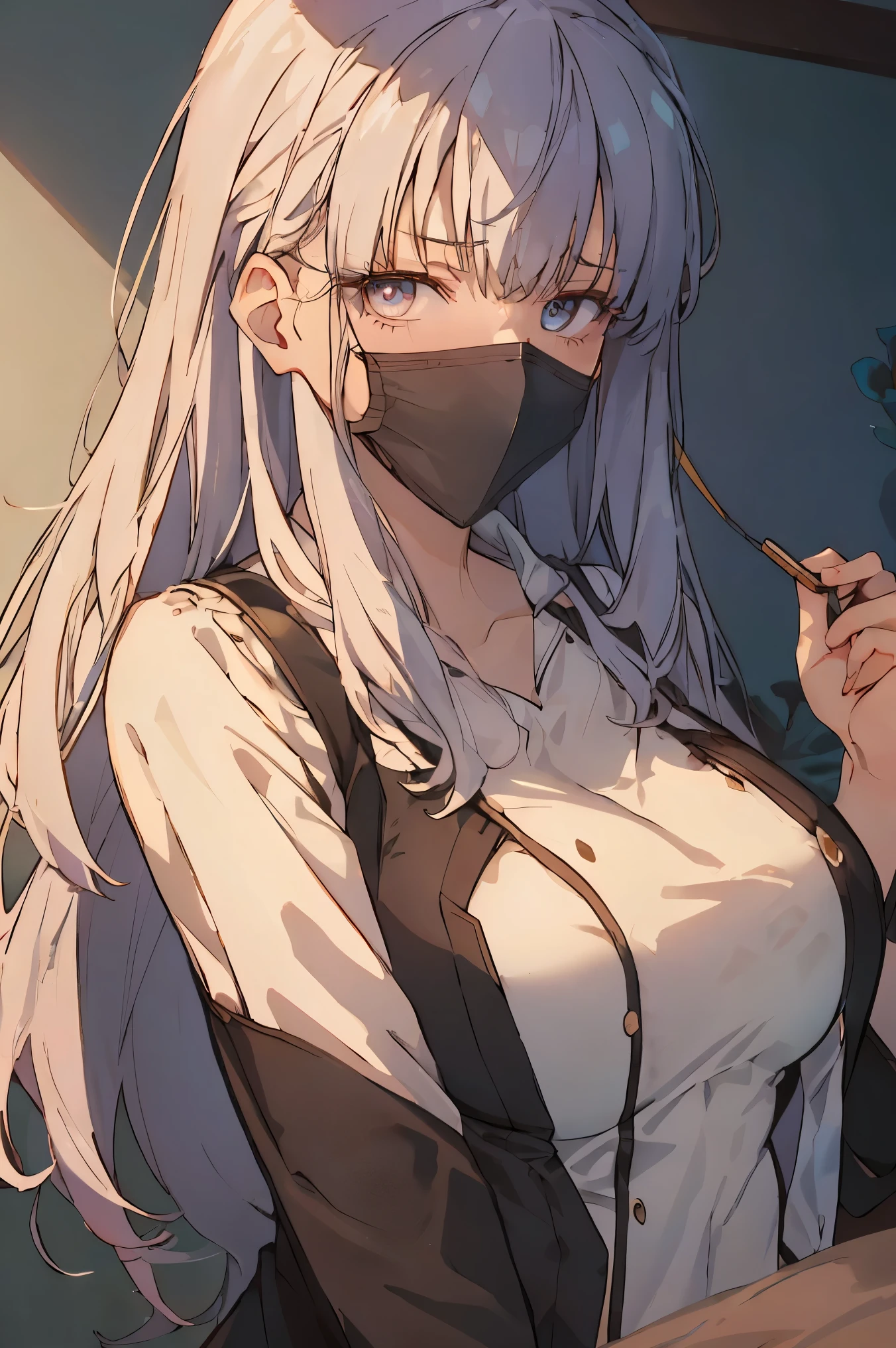 ((Best quality, 8k, Masterpiece: 1.3)), Highly detailed face and skin texture, A 28-year-old woman with long, lime-green hair lies in bed, suffering from a high fever. Her hair is damp with sweat, sticking to her forehead. She is wearing a light blue pajama set and a white face mask. Her expression is dazed and weak as she wakes up, her eyes unfocused. She is covered with a white bedsheet, but due to her high temperature, it is slightly pulled away. The room has a soft, dim lighting, emphasizing her flushed cheeks and exhaustion.