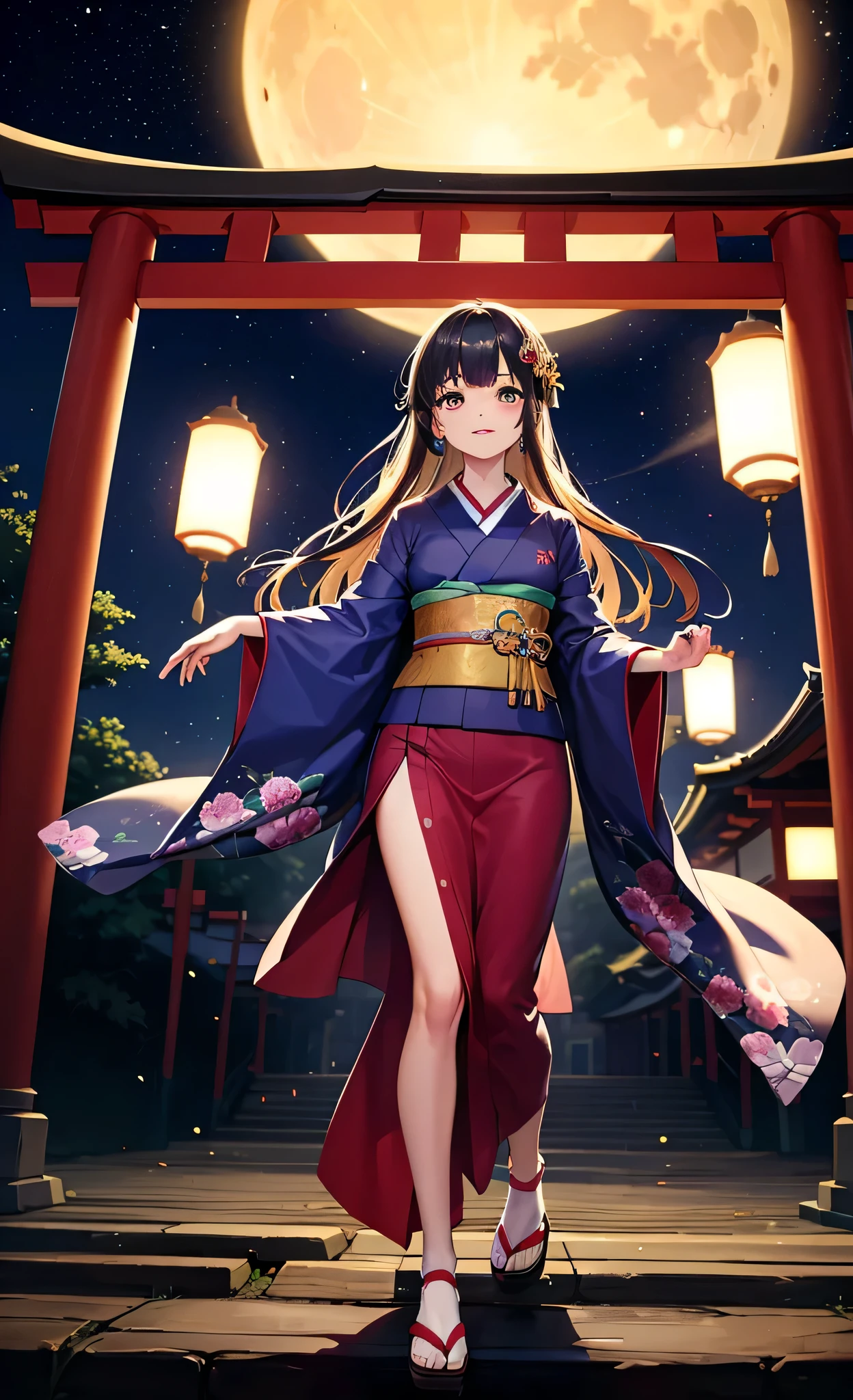 Anime girl in kimono outfit walking under a full moon - SeaArt AI