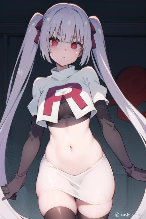 masterpiece, best quality, Eksistere Kyrenia (girl cafe gun),pink hair, long hair, hair bow, maid headdress, hair ornament, (yellow blue heterochromia:1.1), 1girl, solo, team rocket,team rocket uniform, red letter R, white skirt,white crop top,black thigh-highs,black elbow gloves,