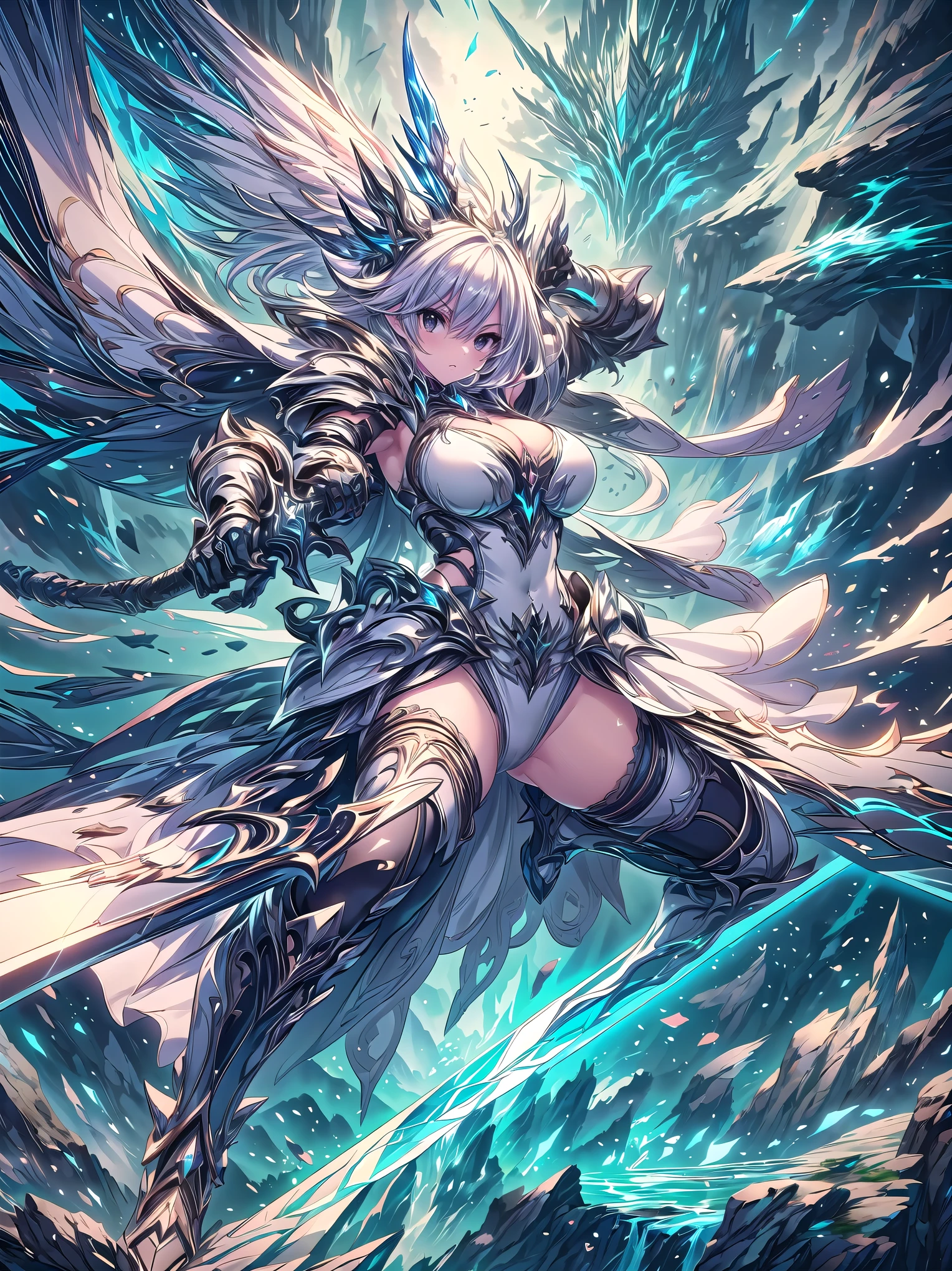 (((masterpiece, best quality, high detailed, 16k))), A girl holding a sword in her hand, female goddess, Ornate Sword, light and white divine sword, Planted Sword, (close-up of sword), black eyes, white hair, big breasts, white bikini dress, white cloak, powerful and fantastic full armor, cropped shoulders armor, plate armor, skinny waist, cleavage, thighs, thigh highs, glaring, weapon, (sword:1.3), fighting stance, dynamic angle, attack battle form, gripping, magnificent, epic, majestic, magical, fantasy art, cover art, hard wind blowing, falling from the sky. (detailed face), (detailed eyes), ((full body front view)), (extremely detailed:1.5)