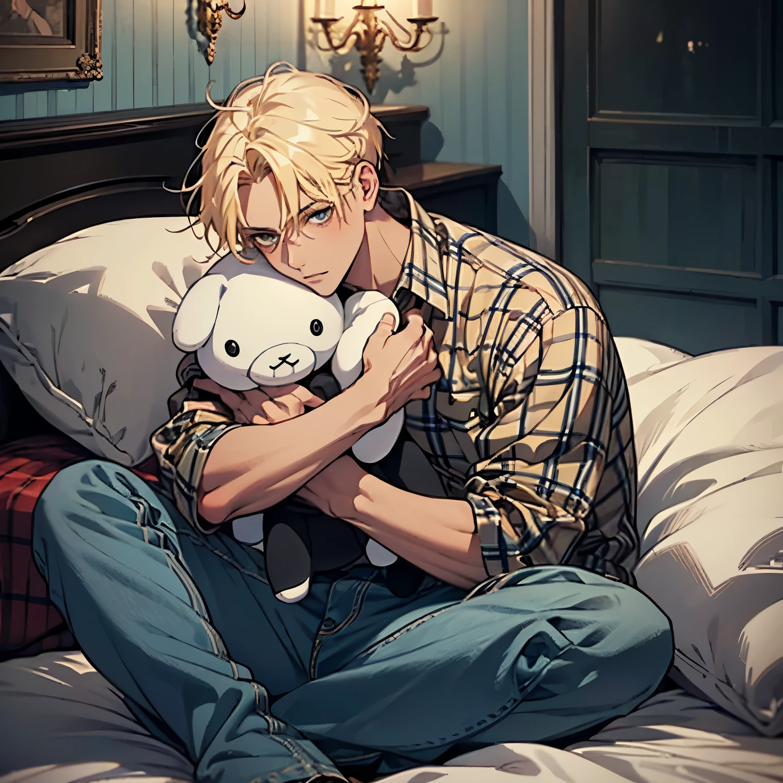 Male. Tall, tanned skin, blonde hair. Holding cute plushies. Using plaid shirt. Jeans pants. Background : Dark room, bed with yellowish white duvet. Cozy atmosphere.