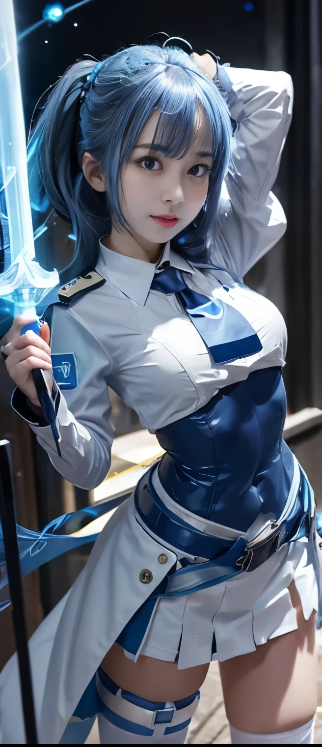 Pure plasma idol girl（Elegant Blue Hair）、A pure girl's face、 hypo、、Blue and White Tight Miniskirt Uniform、、Glowing Sparking Sword、Plasma Belt