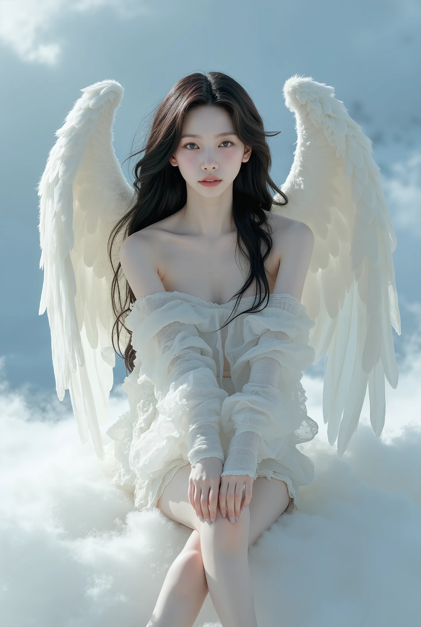 Realistic like a photo, full body, pretty female late , big wide eyes, naked, thin cotton cover body, thin bang, black hair, very long hair, pale white skin, small lips, master piece, photorealistic, amazingly detailed face, big wing like bird,maximum resolution, cute, extremely detailed skin, sitting on cloud