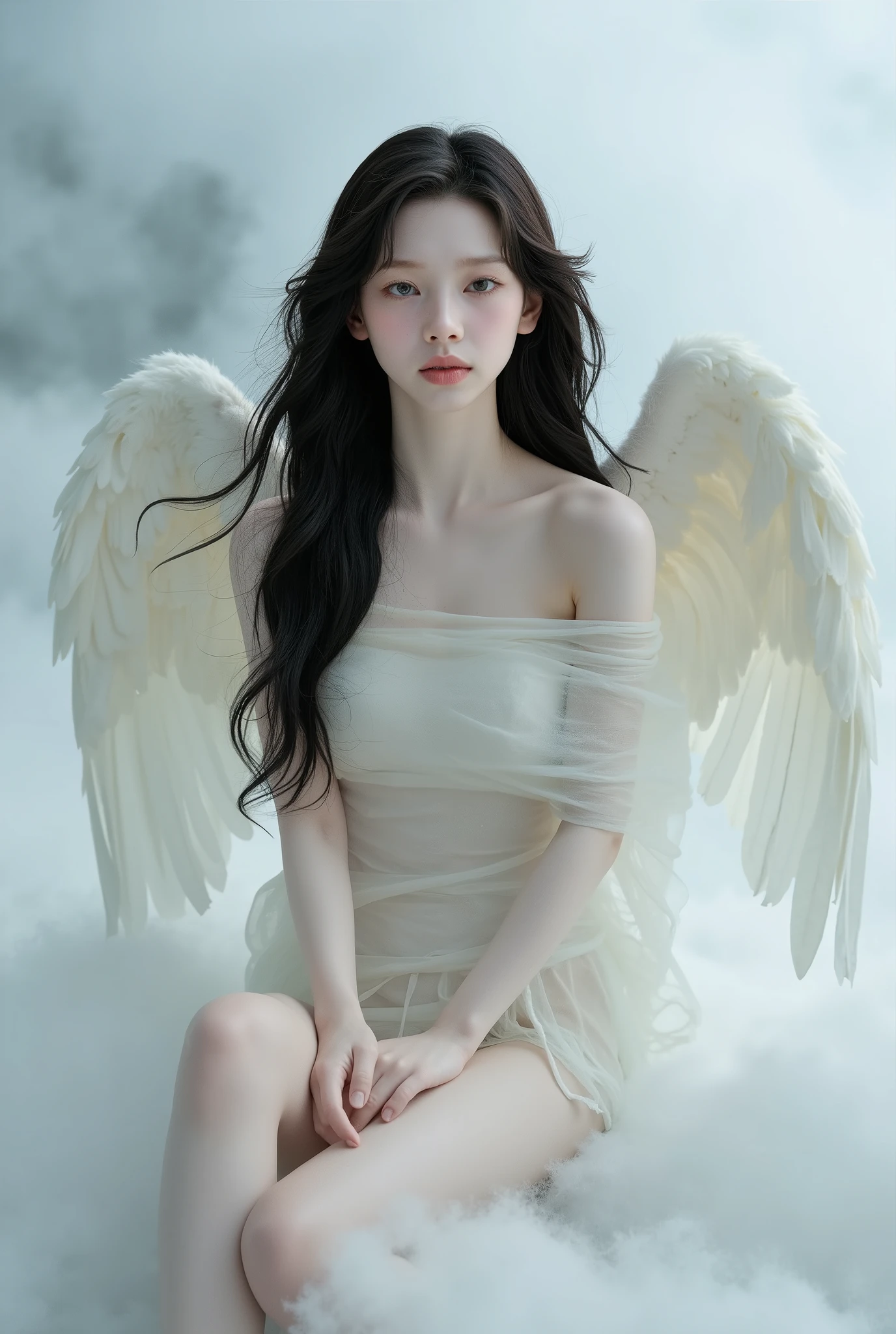 Realistic like a photo, full body, pretty female late , big wide eyes, naked, thin cotton cover body, thin bang, black hair, very long hair, pale white skin, small lips, master piece, photorealistic, amazingly detailed face, big wing like bird,maximum resolution, cute, extremely detailed skin, sitting on cloud