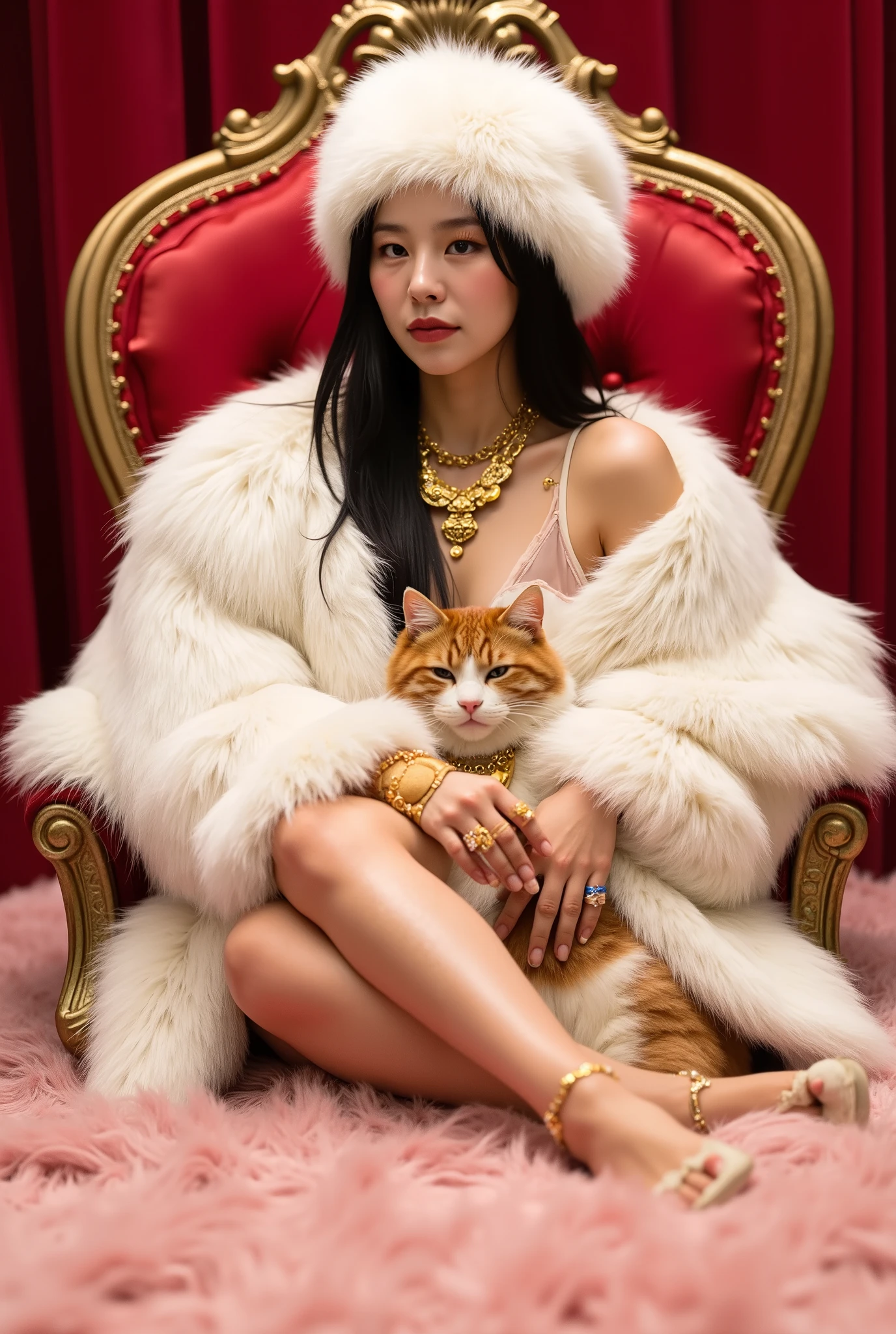 HD, high quality, sexy cute woman, asian, young, korean student, super young and rich, realistic, real,8k, clean, ager woman with gorgeous long hair,little curved hair, pale skin, her face is also very beautiful and looks mature. sexy, She has a fit body. pink fur balnket under her leg, sitting on the fur blanket, wearing huge white fur coat, real fur, fur HD, fluffy fur, big mink fur hat, fur coat covering all the body, wearing big fur hat, sitting on golden throne on the fur mug, wearing brown fur brassiere, red velvet throne, 6 gold necklaces, princess handsome, petting cat, cat has gold necklace, cat with gold, gorgeous face, she has slim body,wearing huge white fur coat, many jewelry, alots of gold jewelry, every finger has golden rings, 10 golden huge giant rings, her sexy leg , she wearing fur slippers, holding a whip, super huge titties, big hips, brown fur brassiere, pink fur balnket under her leg