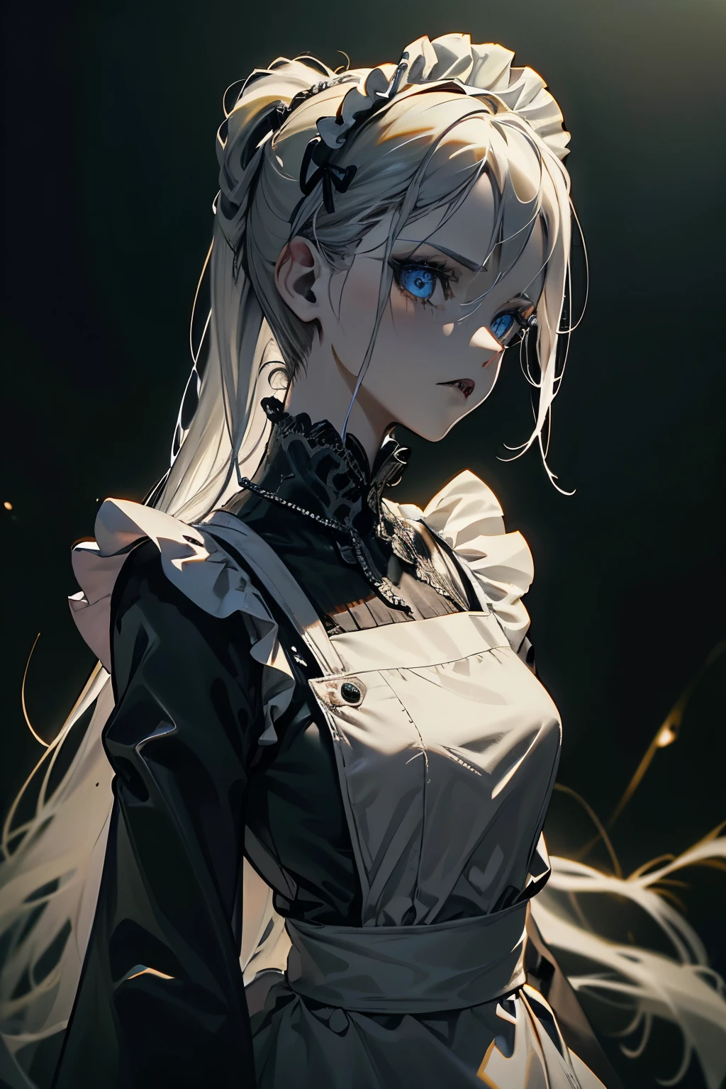 (best quality,4k,high resolution,masterpiece:1.2),with monochrome touch, in a wasteland, a maid is pointing to you, braming you, from side view, detailed eyes,beautiful detailed lips,extremely detailed blue eyes and face, long silver hair, long eyelashes, Europian noble face with angry, evil face, cruel mouth to whisper,upper body portrait, tightly fitted outfit,black long-sleeved maid costume,wearing white apron, wearing long skirt.
