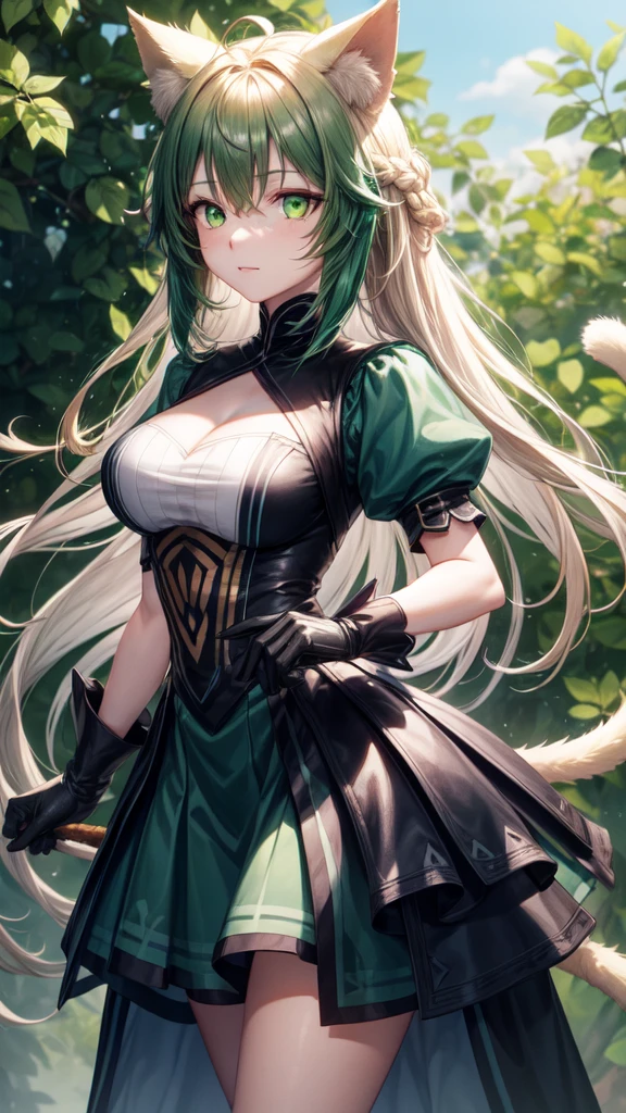 Fox ears, dark green hair, green eyes, corset, skirt, thigh high heeled boots, large breasts, slender body, forest river