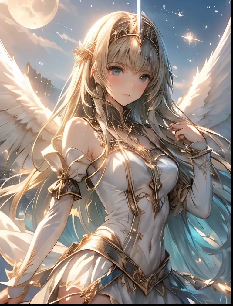(((SFW、Highest quality、 first class masterpiece 、 Normal body 、8k、 detailed face 、 super precise、 real color 、5refer to、Highest)))、 Valkyrie 、『Valkyrie Profile 2』、Golden Hair 、 long hair、 short、Big Breasts、 slender、 slim、 Navel Exposure 、Pink Heart Dirty Print on Navel、Muscle Exposure、Half naked、Nipple Sheer Ultrathin Transparent Pure White Dress、Ultra Thin Transparent Pure White Mini Skirt、 slave iron collar 、The Great Sword of Light、Excalibur Landgreese、Heavenly Wings、is embarrassing、Throw a giant spear of light from above、moon、Sky、Aerial、 sacred、Nivern Valestin、Coalescence Goddess
