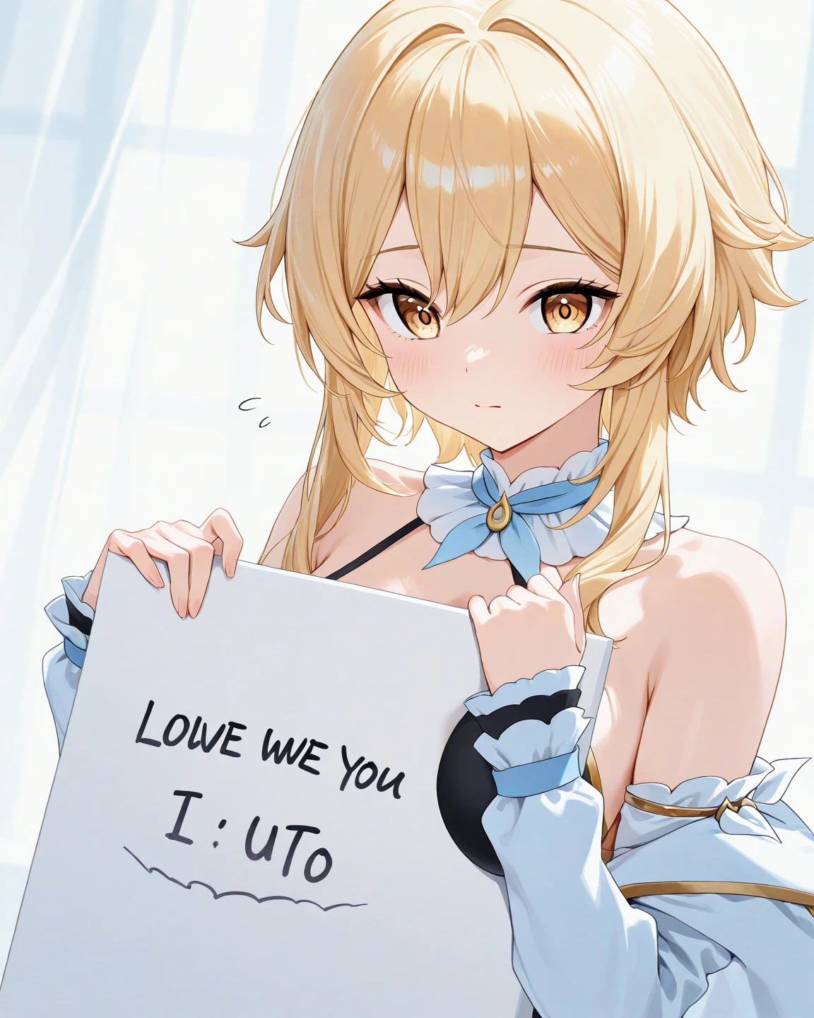(best quality, ultra-detailed, photorealistic: 1.39), bright and vibrant colors, studio lighting, thank you card for 100 followers, hearts and kisses emoji, Yu-Gi-Oh style letter, purple details on the sides of the card, anime style, Anime, Cute girl with big round breasts, with sparkling blue eyes, she wears a black dress with snowflakes on the dress, her wavy blonde hair with beautiful bangs meets with the blowing wind, she holds a sign written a message of thanks