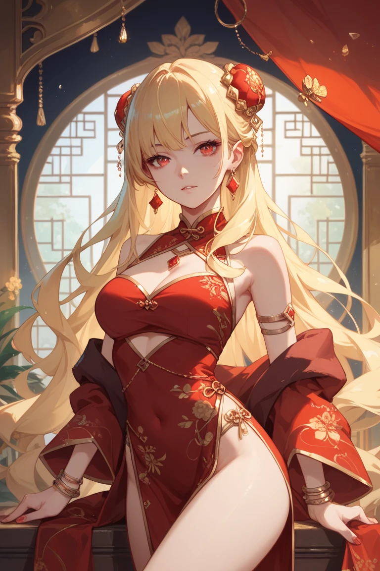 Adult woman, longue blonde hair, Brown eyes, fox ears and tail, Chinese dress, ssmile, red lipstick, Masterpiece, hiquality