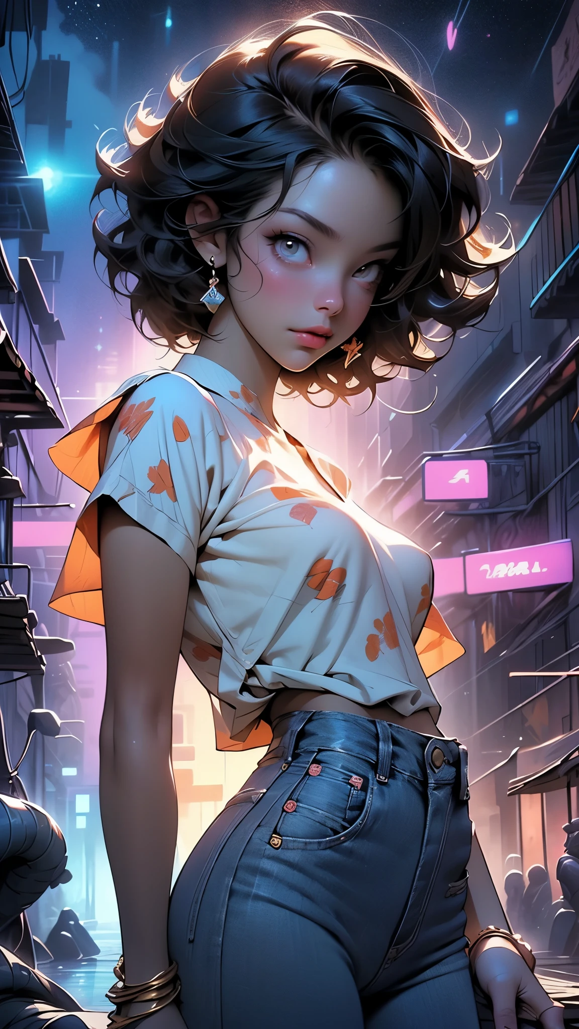 samdoesarts; award winning half body portrait of a beautiful woman in a croptop and cargo pants, military boots, standing on the street faint smile,  paint splashes, hair in a bun, splatter, outrun, vaporware,  digital art, trending on artstation, highly detailed, fine detail, intricate
