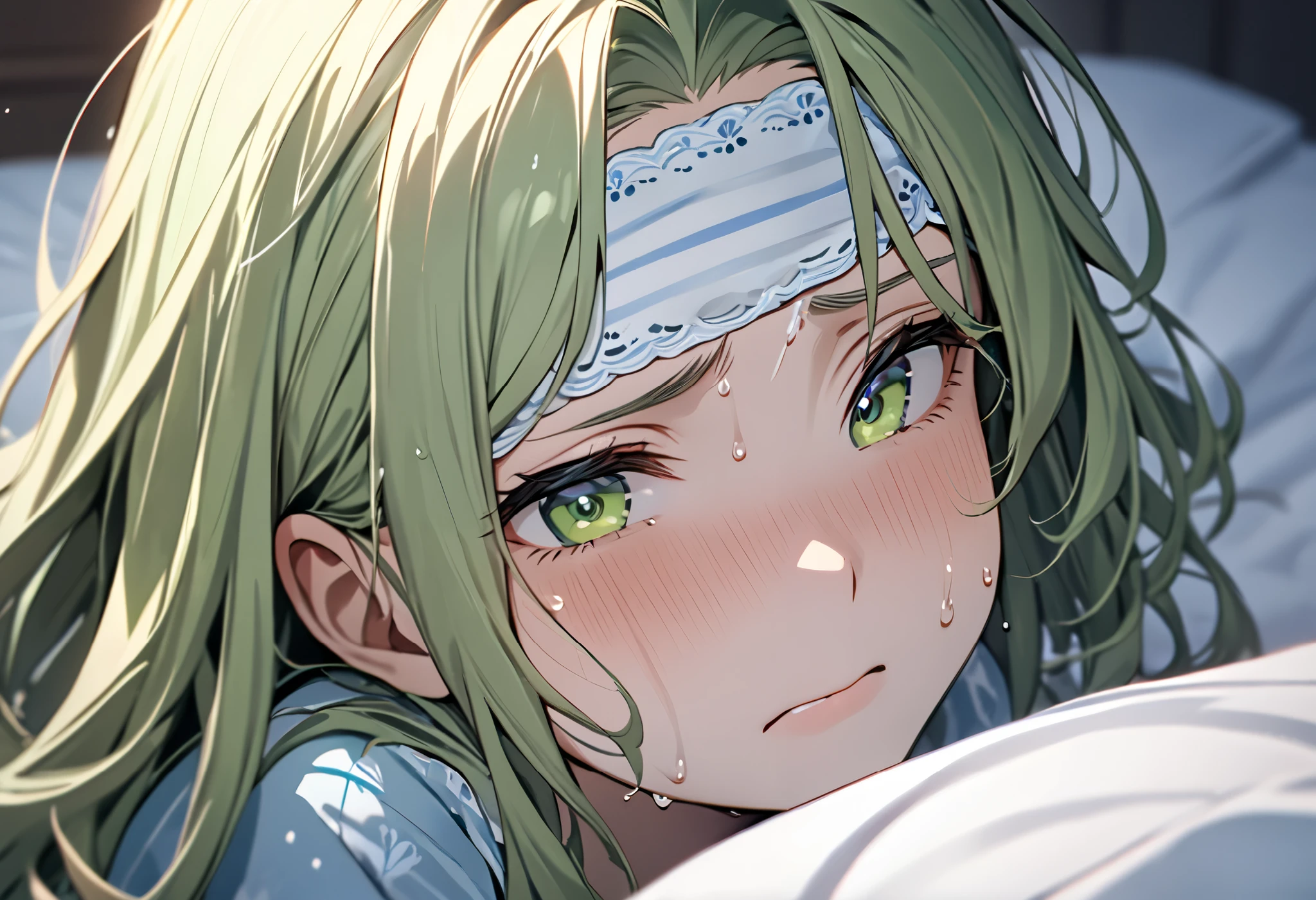 ((Best quality, 8k, Masterpiece: 1.3)), Highly detailed face and skin texture, A 28-year-old woman with long, lime-green hair lies in bed, suffering from a high fever. Her hair is damp with sweat, sticking to her forehead. She is wearing a light blue pajama set and a white face mask. Her expression is dazed and weak as she wakes up, her eyes unfocused. She is covered with a white bedsheet, but due to her high temperature, it is slightly pulled away. The room has a soft, dim lighting, emphasizing her flushed cheeks and exhaustion.