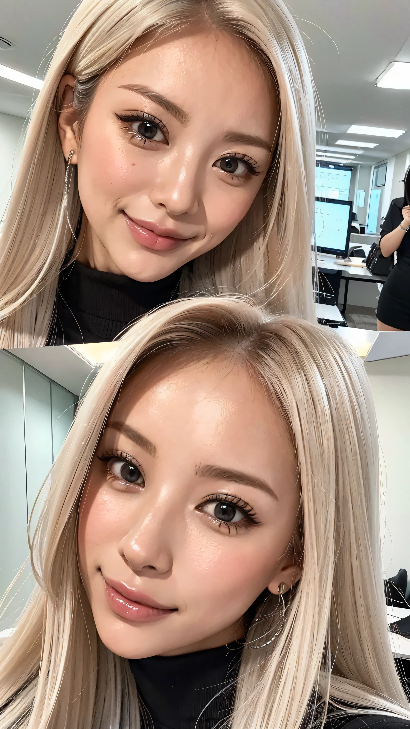   the feeling that they want to look at me and bring their faces closer、very clear skin、realistic texture、  A beautiful woman meets her eyes、looking at the camera  、beautiful women want to be closer 、   ,Look at me with a smile          、vision、          Beautiful platinum colored hair                     、                            face in a large office room at night                