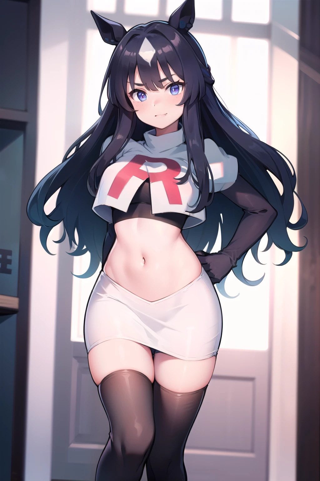 bluearchiveyuuka, yuuka, blue eyes, halo, purple hair, two side up, long hair,
BREAK halo, team rocket,team rocket uniform,white skirt,red letter R,crop top,black thigh-highs,black elbow gloves
BREAK looking at viewer,
BREAK (masterpiece:1.2), best quality, high resolution, unity 8k wallpaper, (illustration:0.8), (beautiful detailed eyes:1.6), extremely detailed face, perfect lighting, extremely detailed CG, (perfect hands, perfect anatomy),