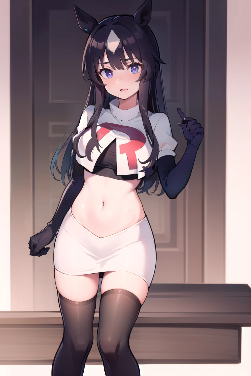 bluearchiveyuuka, yuuka, blue eyes, halo, purple hair, two side up, long hair,
BREAK halo, team rocket,team rocket uniform,white skirt,red letter R,crop top,black thigh-highs,black elbow gloves
BREAK looking at viewer,
BREAK (masterpiece:1.2), best quality, high resolution, unity 8k wallpaper, (illustration:0.8), (beautiful detailed eyes:1.6), extremely detailed face, perfect lighting, extremely detailed CG, (perfect hands, perfect anatomy),