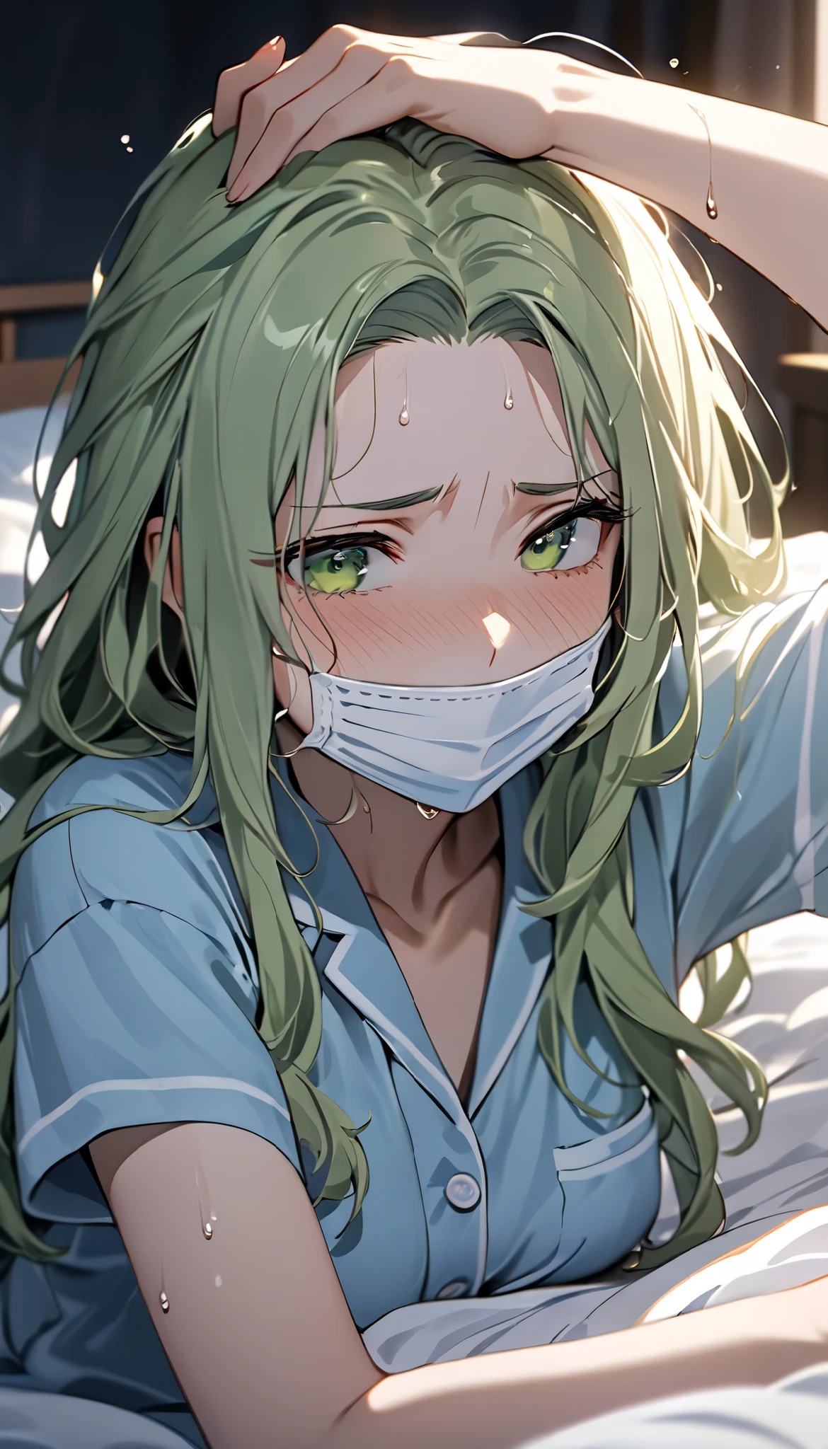 ((Best quality, 8k, Masterpiece: 1.3)), Highly detailed face and skin texture, A 28-year-old woman with long, lime-green hair lies in bed, suffering from a high fever. Her hair is damp with sweat, sticking to her forehead. She is wearing a light blue pajama set and a white face mask. Her expression is dazed and weak as she wakes up, her eyes unfocused. She is covered with a white bedsheet, but due to her high temperature, it is slightly pulled away. The room has a soft, dim lighting, emphasizing her flushed cheeks and exhaustion.