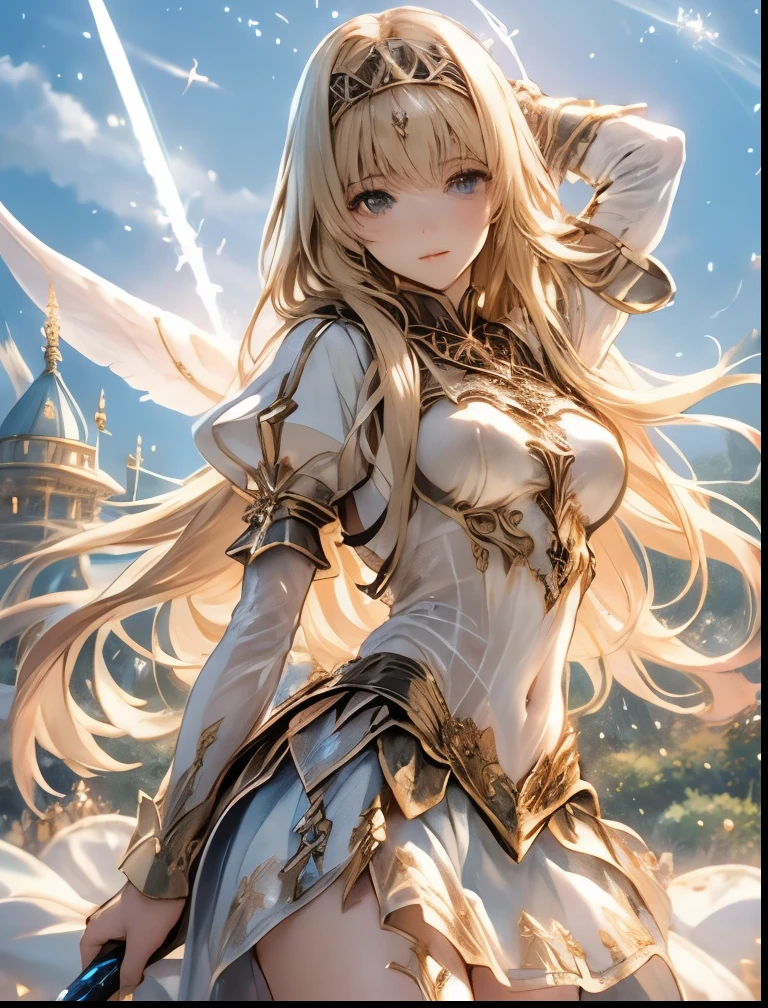 (((SFW、Highest quality、 first class masterpiece 、 Normal body 、8k、 detailed face 、 super precise、 real color 、5refer to、Highest)))、 Valkyrie 、『Valkyrie Profile 2』、Golden Hair 、 long hair、 short、Big Breasts、 slender、 slim、 Navel Exposure 、Pink Heart Dirty Print on Navel、Muscle Exposure、Half naked、Nipple See-through Ultra Thin Transparent Pure White Dress、Ultra Thin Transparent Pure White Mini Skirt、 slave iron collar 、The Great Sword of Light、Excalibur Landgreese、Heavenly Wings、is embarrassing、Throw a giant spear of light from above、moon、Sky、Aerial、 sacred、Nivern Valestin、Coalescence Goddess