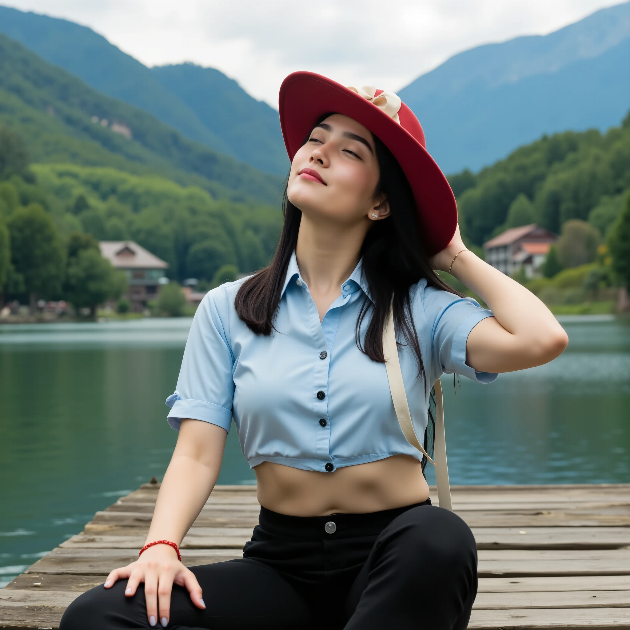 Professional photograph of a young woman sitting on a wooden pier by a serene lake, surrounded by green mountains with a village at their base. Long, straight black hair, fair skin, serene smile, light blue cropped shirt, high-waisted black pants, bold red hat with beige ribbon, delicate red bracelet. Gracefully posing with legs folded, one hand on hat brim, head tilted back, eyes closed, tranquil moment. Partially cloudy sky, soft natural light, rich and balanced colors, hyper-realistic nature portrait --ar 16:9 --v 6 --stylize 750