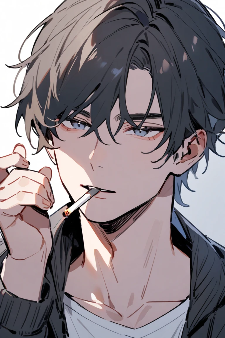 Wearing a greyish earth-toned shirt、A Westerner smoking a cigarette with his index and middle fingers raised on his right hand, Cool brown eyes, Sulky look
