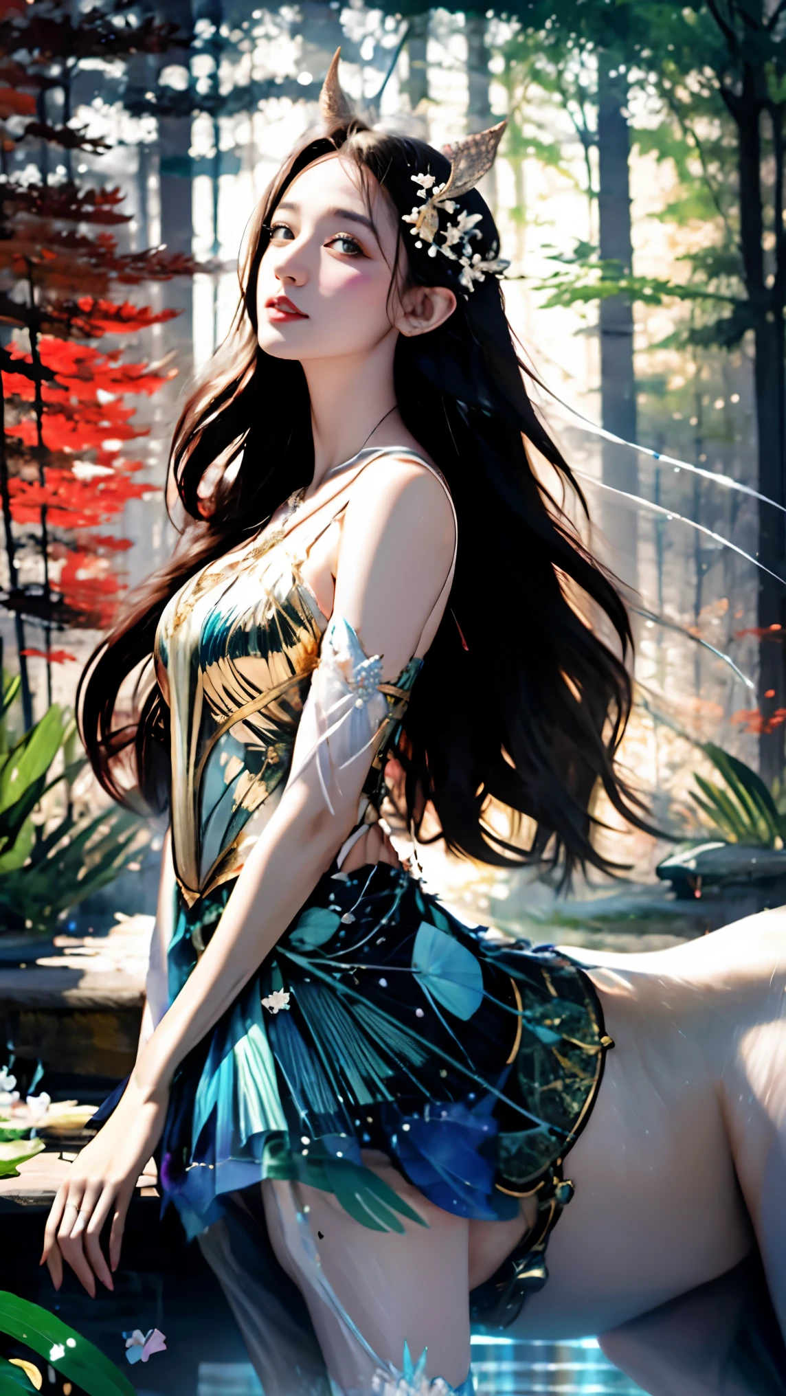 The Indian model is portrayed in a lush forest, surrounded by towering trees and exotic wildlife. She wears a simple yet elegant cotton saree, the earthy tones blending harmoniously with her natural surroundings. Her dark hair is loose, cascading down her back in glossy waves. Her eyes, bright and alert, scan the forest with a sense of wonder and curiosity. The scene is alive with the sounds of birdsong and rustling leaves, creating a sense of peace and tranquility.