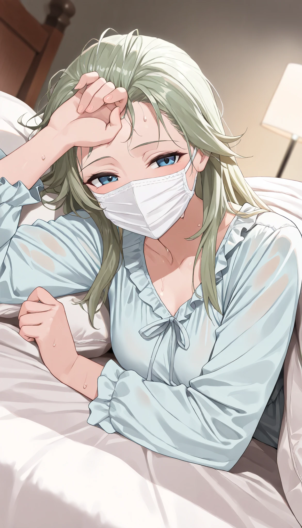 ((Best quality, 8k, Masterpiece: 1.3)), Highly detailed face and skin texture, A 28-year-old woman with long, lime-green hair lies in bed, suffering from a high fever. Her hair is damp with sweat, sticking to her forehead. She is wearing a light blue pajama set and a white face mask. Her expression is dazed and weak as she wakes up, her eyes unfocused. She is covered with a white bedsheet, but due to her high temperature, it is slightly pulled away. The room has a soft, dim lighting, emphasizing her flushed cheeks and exhaustion.