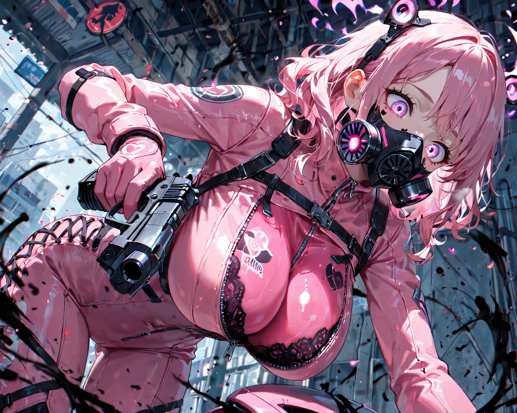 ((solo)), close up, pink motorcycle, lace bra peek, looking down, from below, Bend forward, Beautiful woman with heart tattoos all over the body, pink hair, medium hair, wavy hair, sidelocks, Respirator mask Remove, headgear, white breath, multicolored eyes, shining eyes, large breasts, zipper, lace up decoration pink bodysuit, darkness, violet aura, handguns, aiming at enemy, cowboy shot, outdoor, different world, The collapsed world, glitch effect, ridiculously masterpiece, cold color, high contrast, absurdres extremely