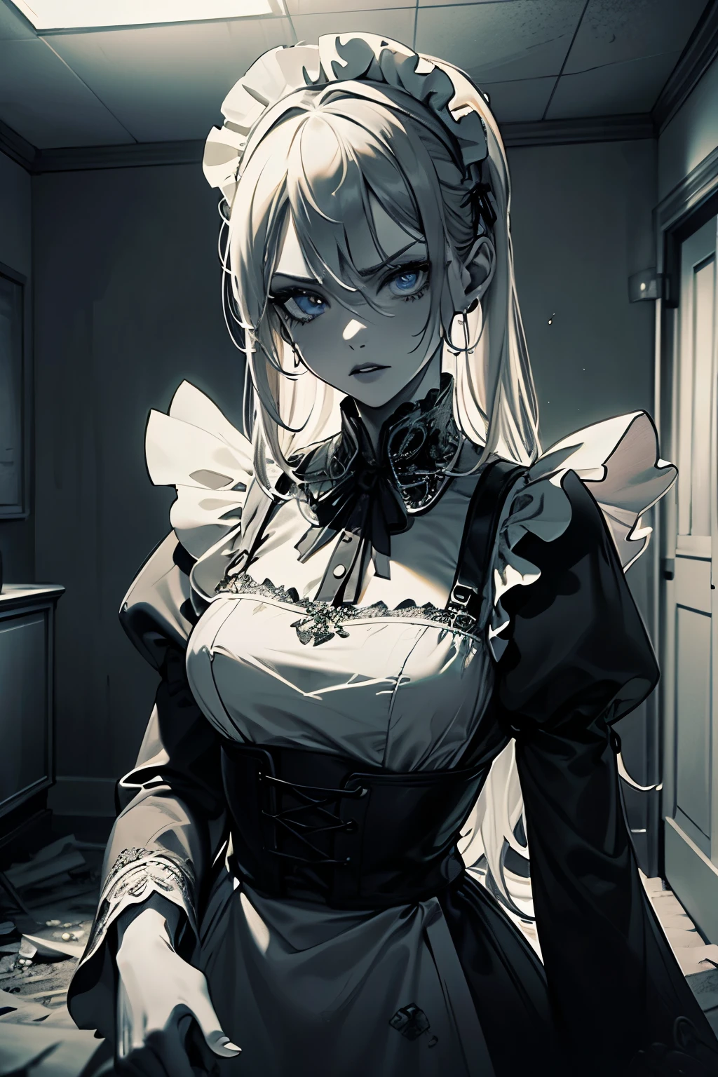 (best quality,4k,high resolution,masterpiece:1.2),with monochrome touch, in a wasteland, in an abandoned room, a maid is pointing to you, detailed eyes,beautiful detailed lips,extremely detailed blue eyes and face, only her eye is blue in this monochrome world, long silver hair, long eyelashes, Europian noble face with angry, evil face, cruel mouth to whisper,upper body portrait, tightly fitted outfit,black long-sleeved maid costume,wearing white apron, wearing long skirt.