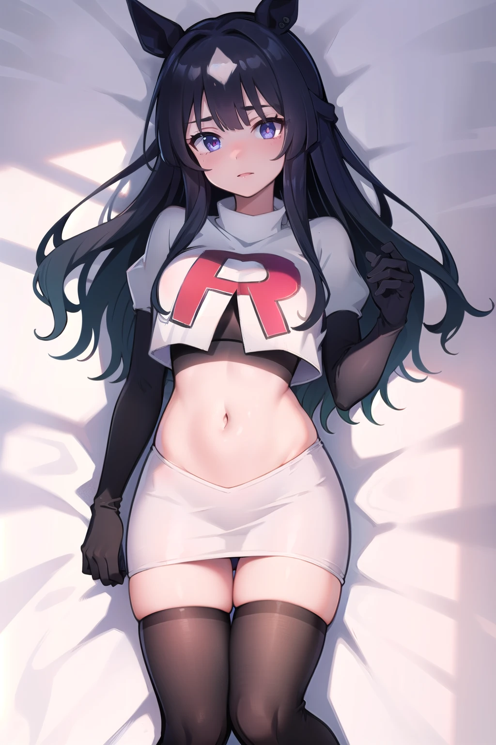 Rio, blue archive, black hair, halo halo, red eyes, face focus, mature female, large breast, head focus,team rocket,team rocket uniform,white skirt,red letter R,crop top,black thigh-highs,black elbow gloves