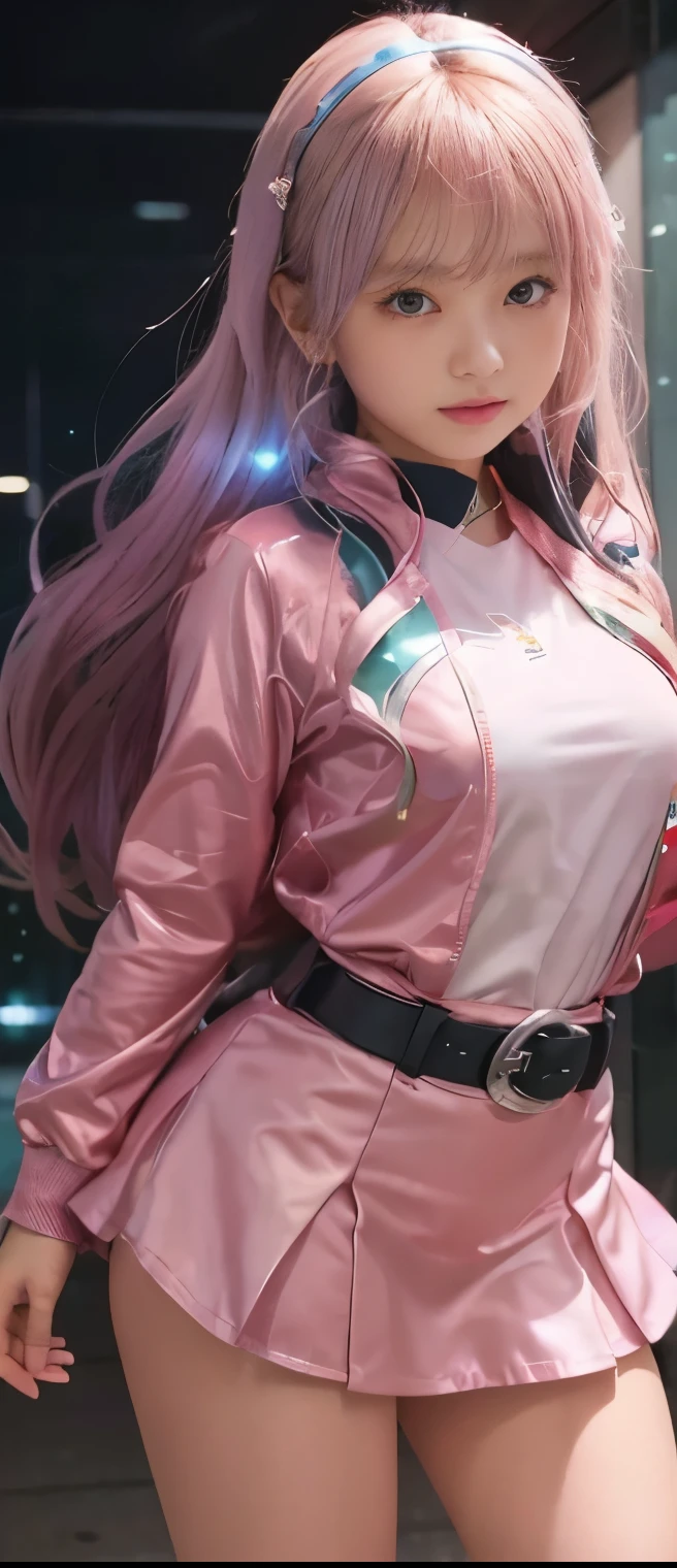 pure idol girl、A pure girl's face、 hypo、、Shiny Pink Tight Miniskirt Uniform、 track jacket、Glowing Diamond Hammer、silver belt