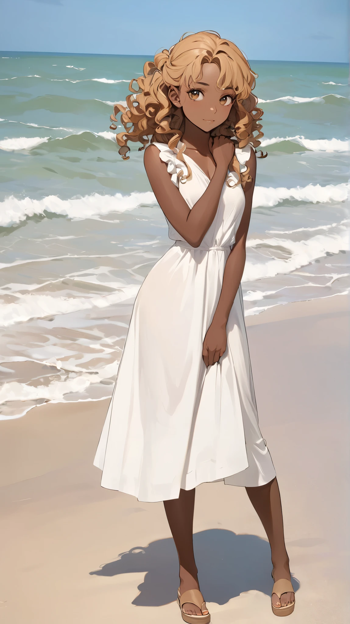 18 years old black woman with pitch brown pale skin and naturally curly and light brown hair.  On the beach. Full body portrait.