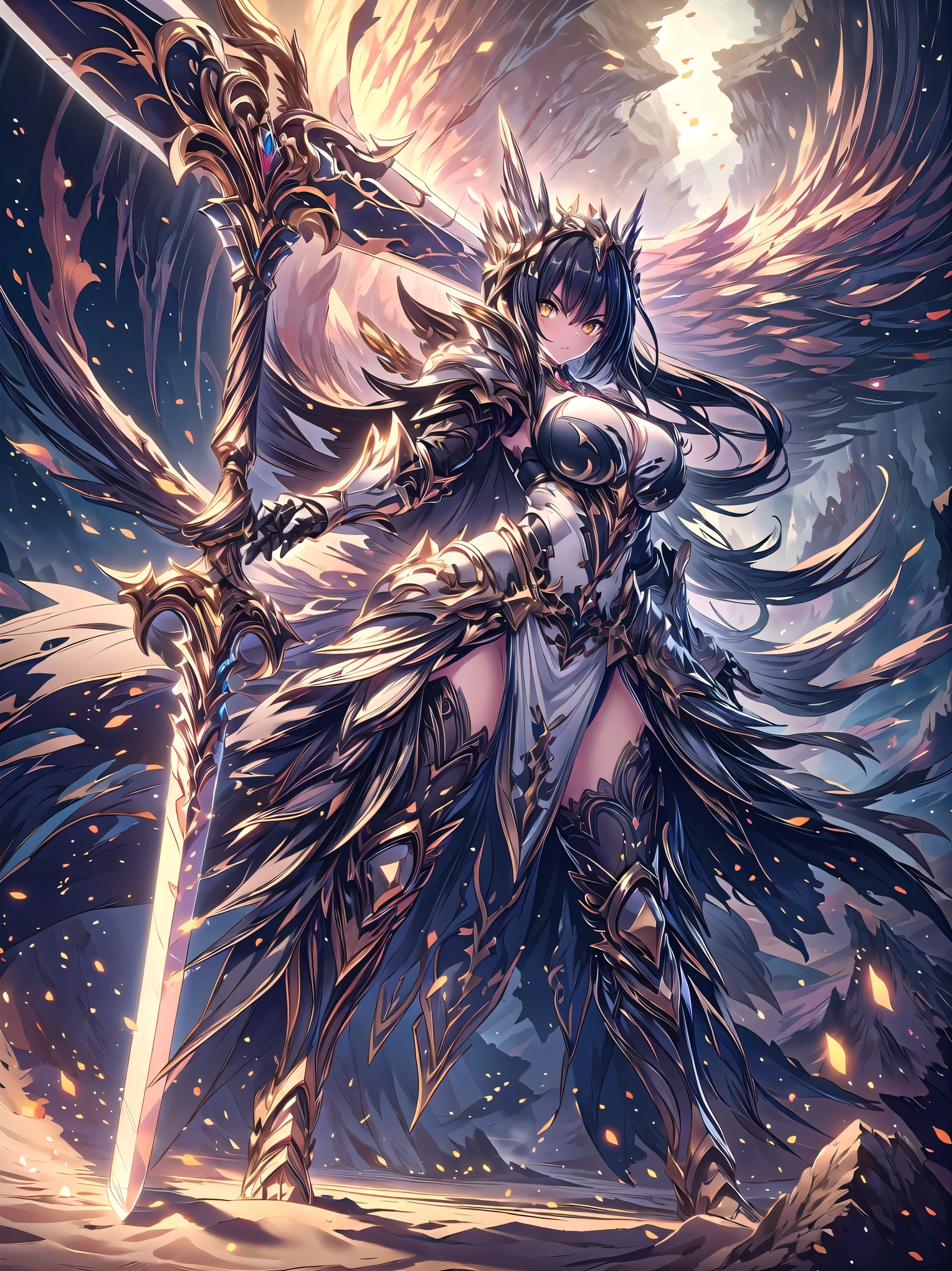 (((masterpiece, best quality, high detailed, 16k))), A girl holding a sword in her hand, female goddess, Ornate Sword, sand sword, Planted Sword, (close-up of sword), yellow eyes, black hair, big breasts, white bikini dress, white cloak, powerful and fantastic full armor, cropped shoulders armor, plate armor, skinny waist, cleavage, thighs, thigh highs, glaring, weapon, (sword:1.3), fighting stance, dynamic angle, attack battle form, gripping, magnificent, epic, majestic, magical, fantasy art, cover art, sand and plain desert background. (detailed face), (detailed eyes), ((full body front view)), (extremely detailed:1.5)