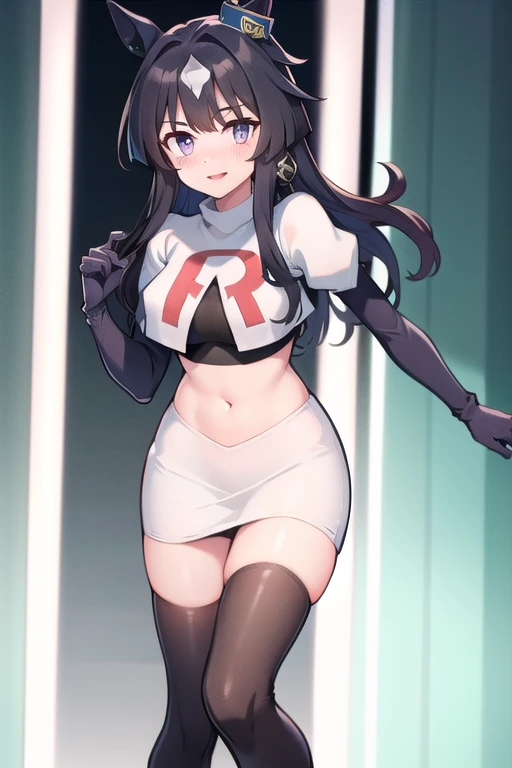 akane, 1girl, solo, long hair, skirt, large breasts, black hair, ribbon, very long hair, purple eyes, hair ribbon, ponytail, hakama skirt, miko, masterpiece, team rocket,team rocket uniform, red letter R, white skirt,white crop top,black thigh-highs,black elbow gloves