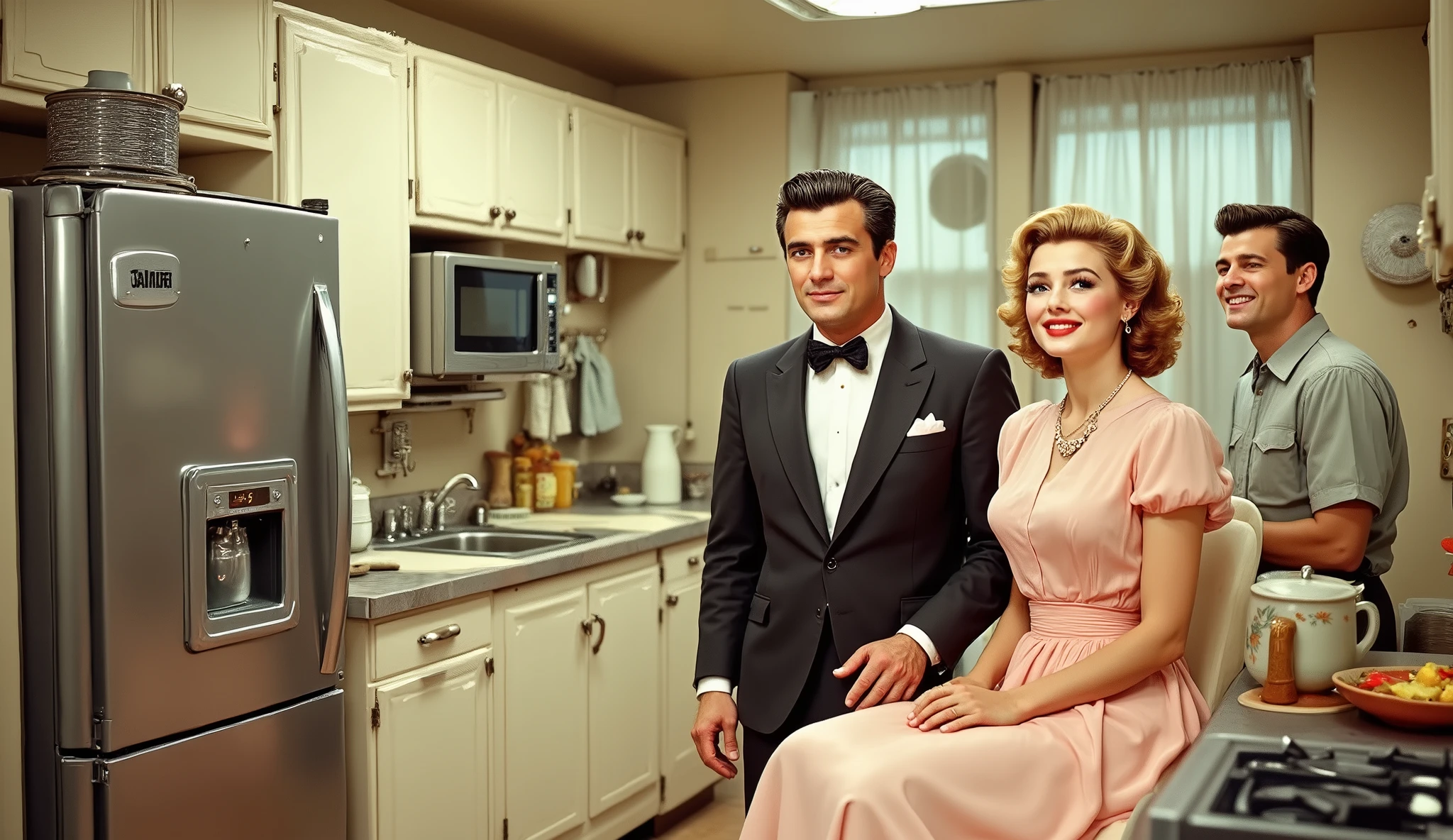 a promotional photo of a 1950s retro-futuristic laboratory-style kitchen** with a mini-fridge, freezer, cabinets, sink and small dish drainer, microwave and small electric stove. and a 1950s family, with a man wearing a 1950s suit and pompadour hair and a wife in a flowing dress and 1950s clothes, hair sprayed, and a with short pompadour hair and collared shirt smiling dreamily in the background. 1950s style