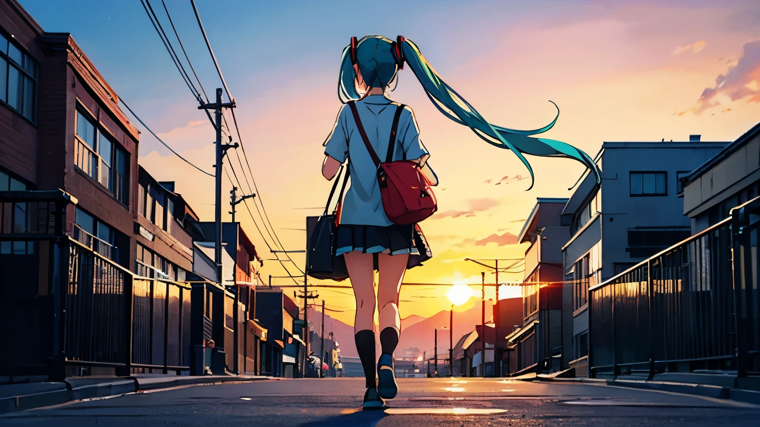 Anime girl walking down a street with a red purse and a red purse ...