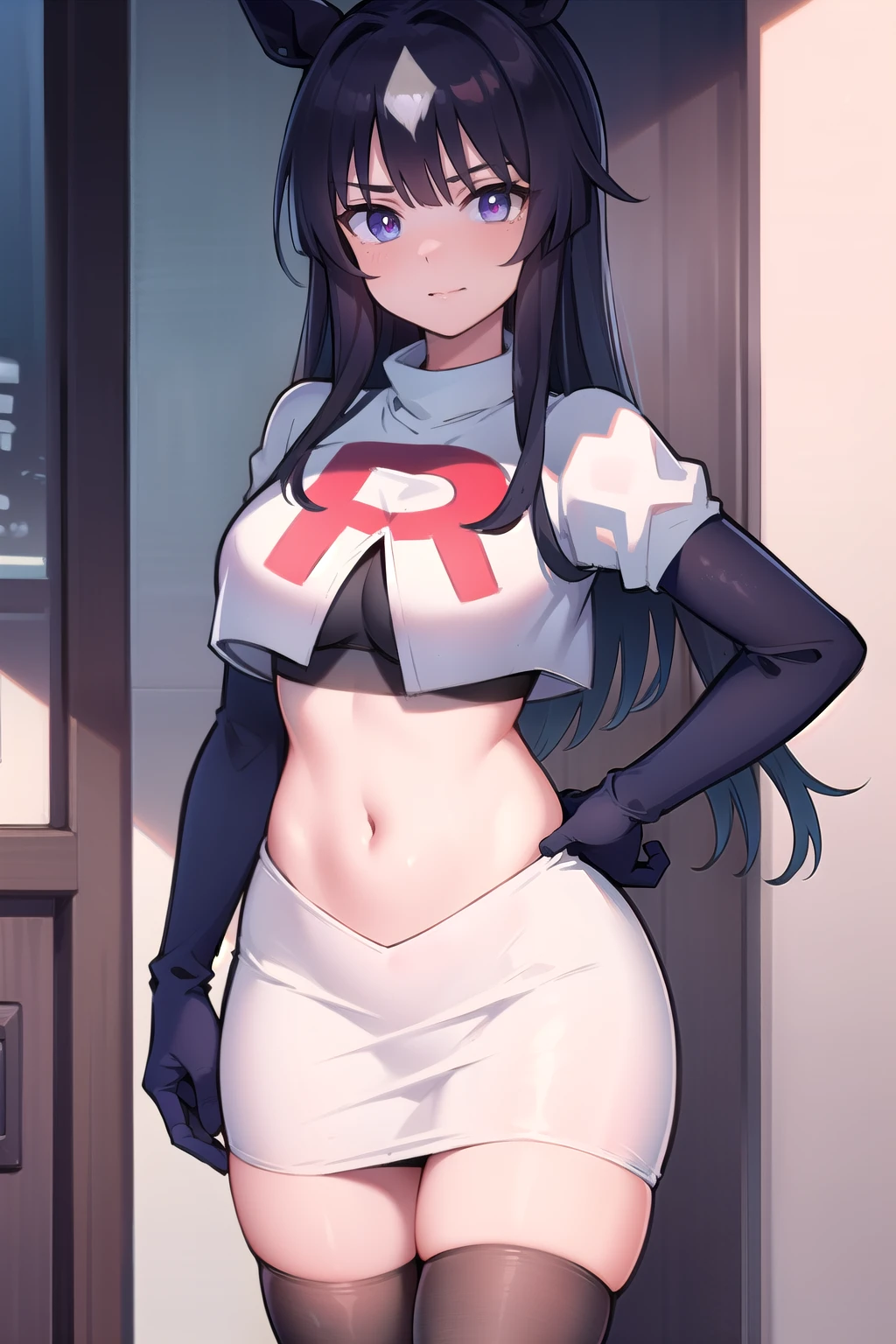 (official art),
1girl, solo, standing, cowboy shot, looking at viewer, 
(asymmetrical horns), horns, demon horns, red eyes, slit pupils, mole under eye, black hair, blue hair, two-tone hair, long hair, [hair ornament], large breasts, wide hips,
team rocket,team rocket uniform, red letter R, white skirt,white crop top,black thigh-highs,black elbow gloves