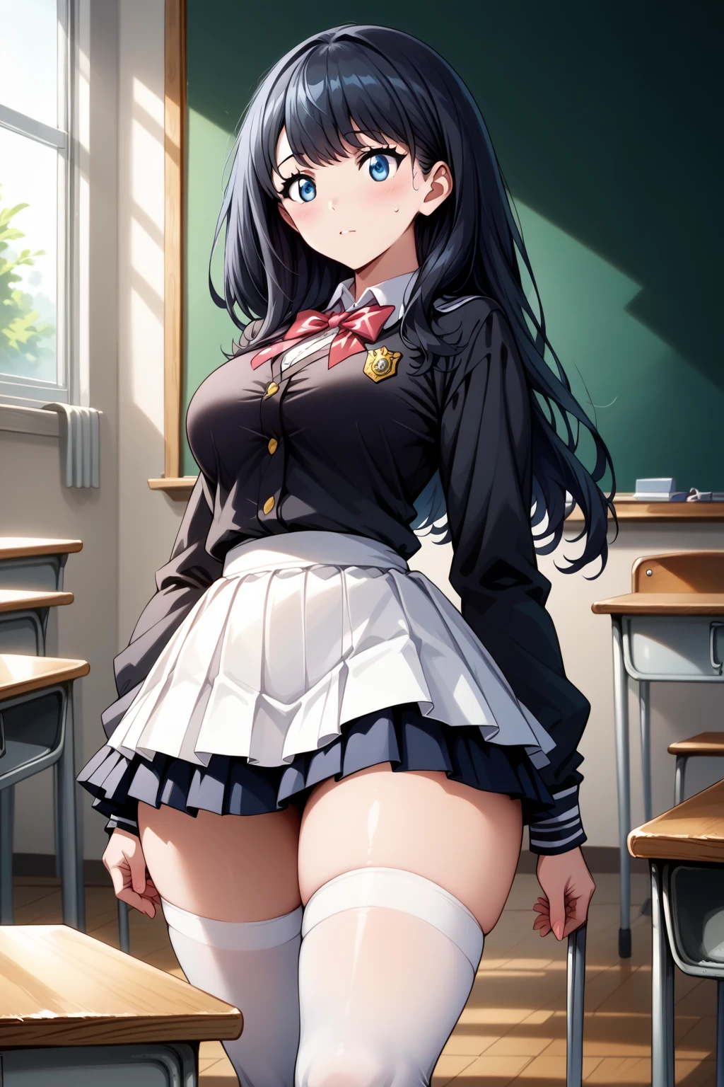 high resolution、4K、Masterpiece、2 big breasted girls、One Man、2 girls、Face-to-face sitting position、Sex、Bare your breasts、Exposing the breasts、classroom、School、stand、Micro Mini Skirt、No panties、Pussy、Nipples、blush、Absolute area、Masturbation、Love juice、Climax、Squirting、Full body portrait、tough、stand、vibrator、Black Loafers、Black Pantyhose、Masturbation、Pantyhose pull、panties pull