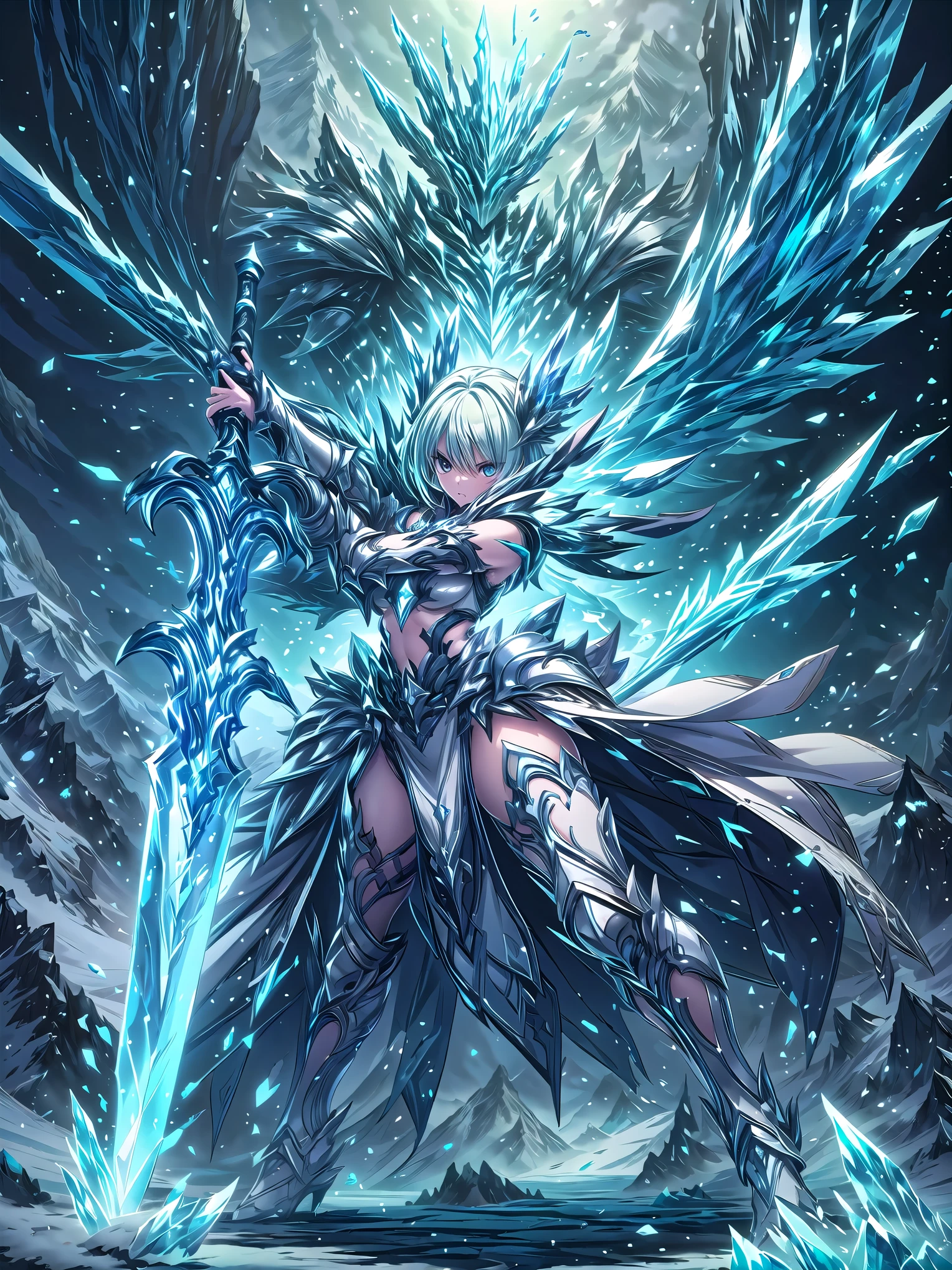 (((masterpiece, best quality, high detailed, 16k))), A girl holding a sword in her hand, female goddess, Ornate Sword, ice frozen sword, Planted Sword, (close-up of sword), light blue eyes, light blue hair, big breasts, white bikini dress, light blue cloak, powerful and fantastic full armor, cropped shoulders armor, plate armor, skinny waist, cleavage, thighs, thigh highs, glaring, weapon, (sword:1.3), fighting stance, dynamic angle, attack battle form, gripping, magnificent, epic, majestic, magical, fantasy art, cover art, ice and snow background surrounded by ice mountains. (detailed face), (detailed eyes), ((full body front view)), (extremely detailed:1.5)