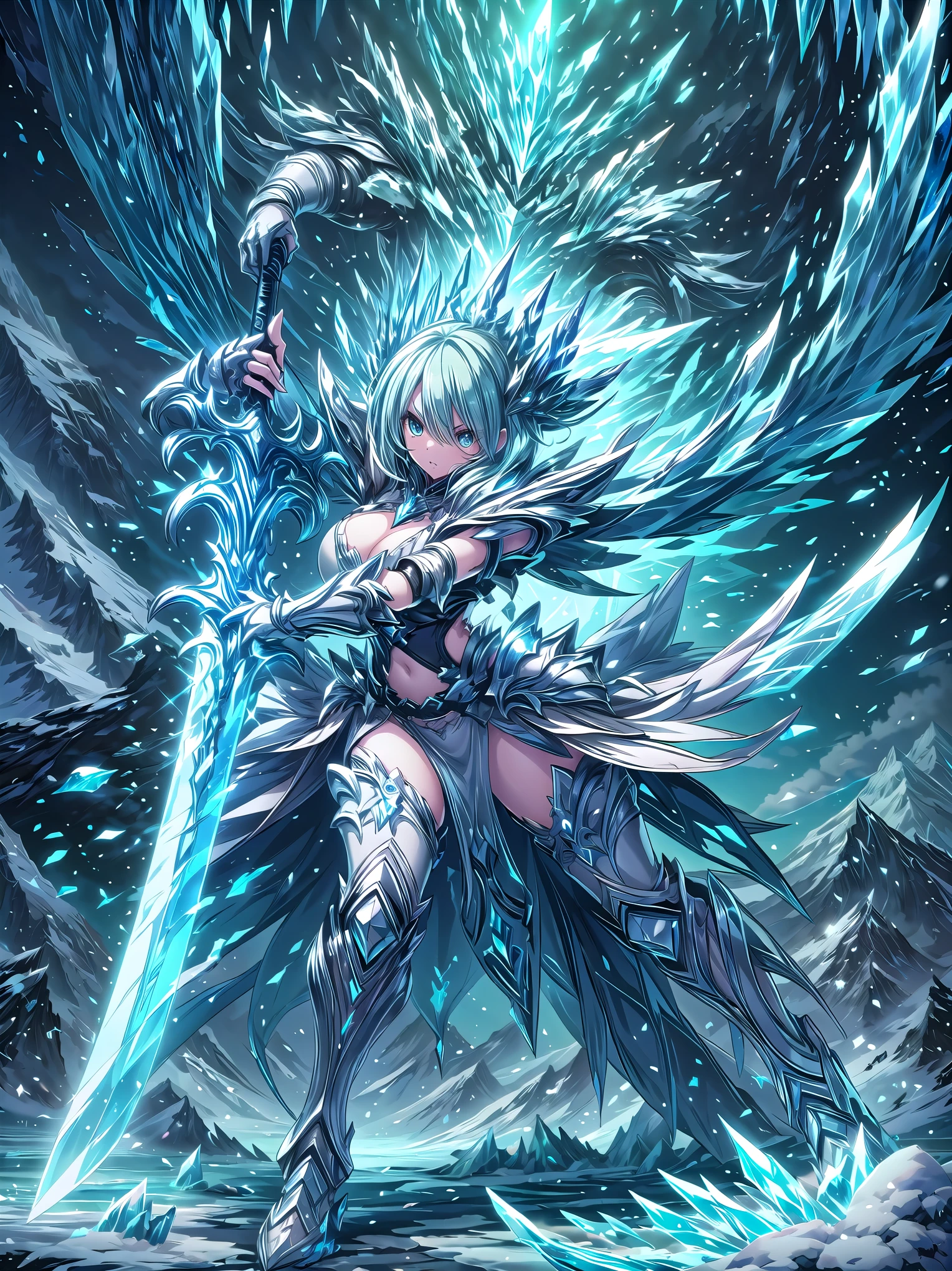(((masterpiece, best quality, high detailed, 16k))), A girl holding a sword in her hand, female goddess, Ornate Sword, ice frozen sword, Planted Sword, (close-up of sword), light blue eyes, light blue hair, big breasts, white bikini dress, light blue cloak, powerful and fantastic full armor, cropped shoulders armor, plate armor, skinny waist, cleavage, thighs, thigh highs, glaring, weapon, (sword:1.3), fighting stance, dynamic angle, attack battle form, gripping, magnificent, epic, majestic, magical, fantasy art, cover art, ice and snow background surrounded by ice mountains. (detailed face), (detailed eyes), ((full body front view)), (extremely detailed:1.5)