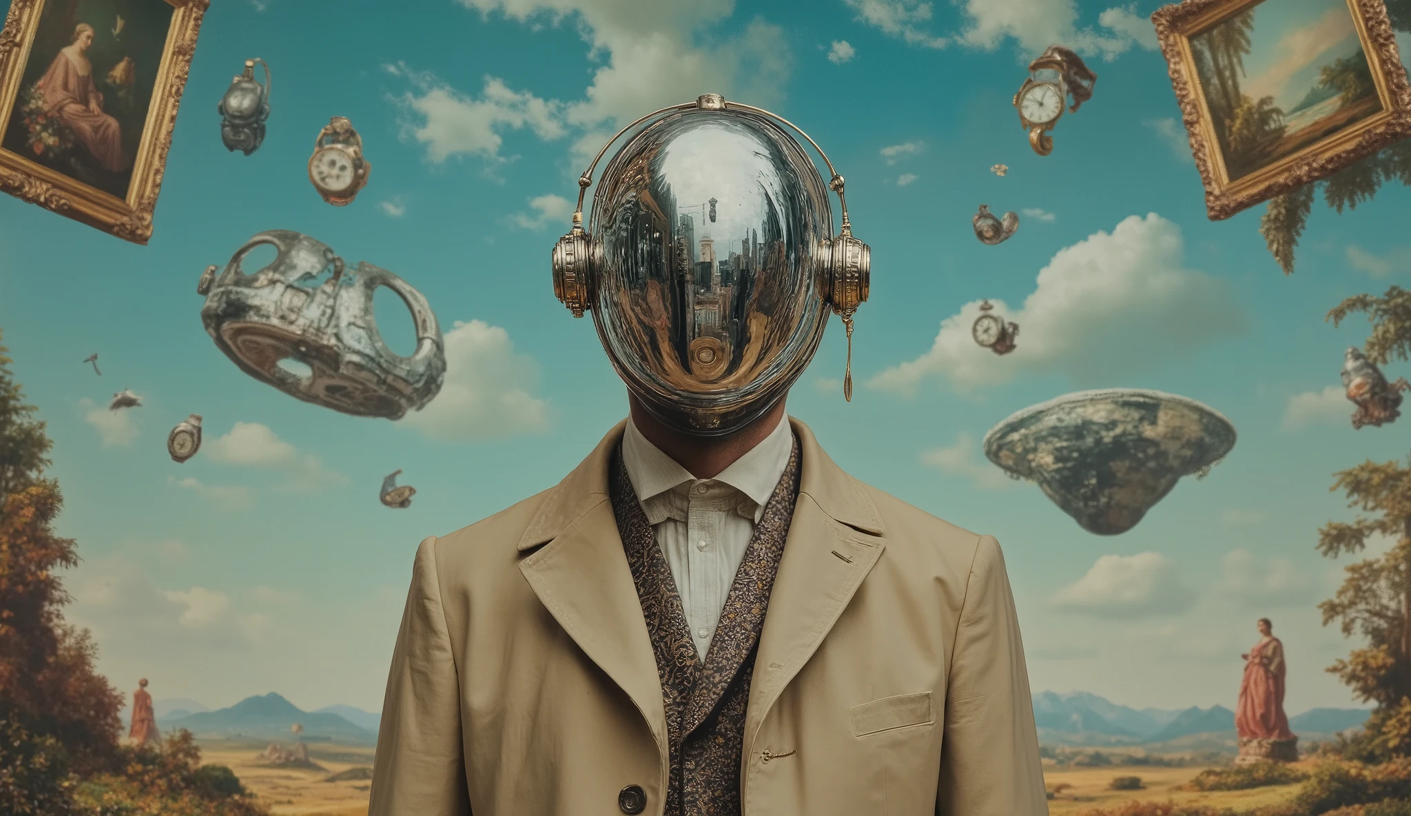a male figure , with a futuristic Victorian trench coat and a mirror-shaped metallic helmet that covers his face. The figure is surrounded by floating structures that appear to be a mixture of classical art and advanced machinery, style atmosphere with metallic colors that are reflected in the air. The background shows a dreamlike landscape, where paintings and sculptures of geometric shapes dissolve in space, evoking a Dalí, with watches floating and distorting over time.