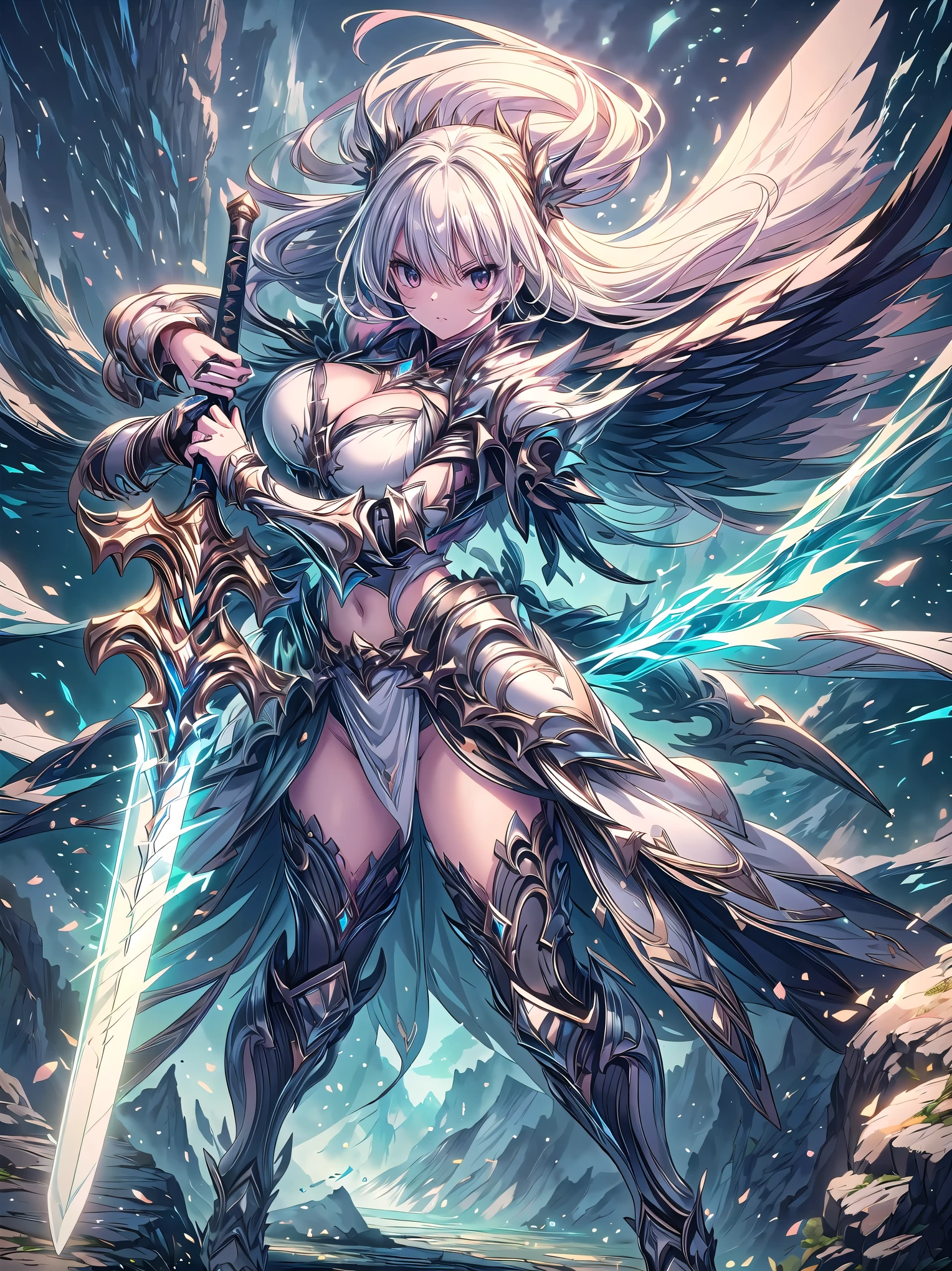 A mystical warrior woman with silver hair, green eyes, and black leather armor, one hand holds a glowing orb and the other a glistening silver sword, displaying demon wings