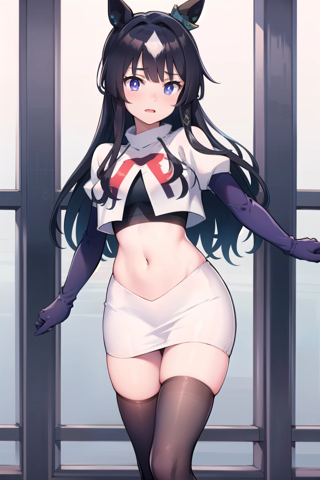 akane, 1girl, solo, long hair, skirt, large breasts, black hair, ribbon, very long hair, purple eyes, hair ribbon, ponytail, hakama skirt, miko, masterpiece, team rocket,team rocket uniform, red letter R, white skirt,white crop top,black thigh-highs,black elbow gloves