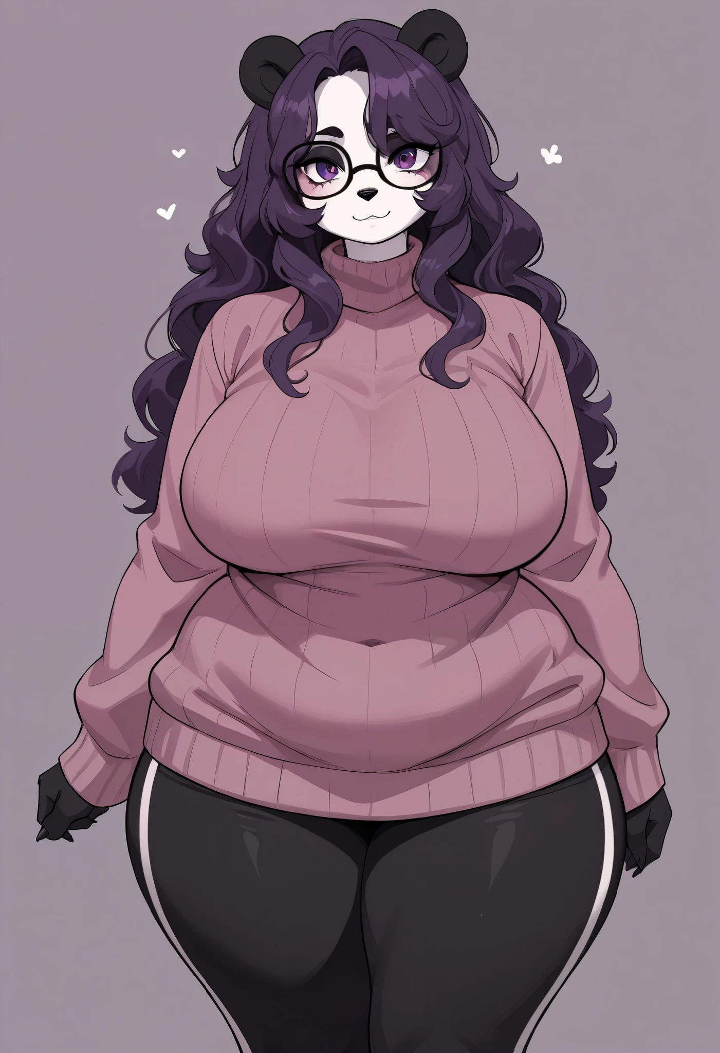 Solo, female, standing, white fur, indigo hair, indigo eyes, black nose, black eyelashes, thick eyelashes, feline, domestic cat, medium hair, ((curly hair)), dorky glasses, big breasts, by bigcozyorca, by bebebebebe, by goonie-san, by cjfur, blue bra, bottomless, no underwear, slightly chubby, vagina