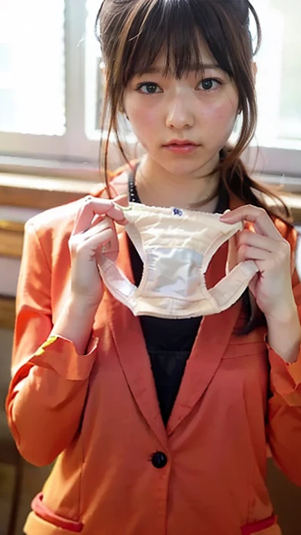 (1 girl:1.0),,(small brests:1.2),(skinny:1.2),high school student,beautiful girl,(short ponytails:1.2),akb48,nogizaka46, beautiful girl,school girl,sitting chair,(cowboyshot:1.0),fullbody, red ribbon, serafuku,front face,(front view:1.0),looking at viewer,office,(full-face blush:1.5),(smile:1.2),(presenting panties:1.5),(blue panties:1.5),(facial:1.7),(cum on face:1.7),(cum on panties:1.8),
