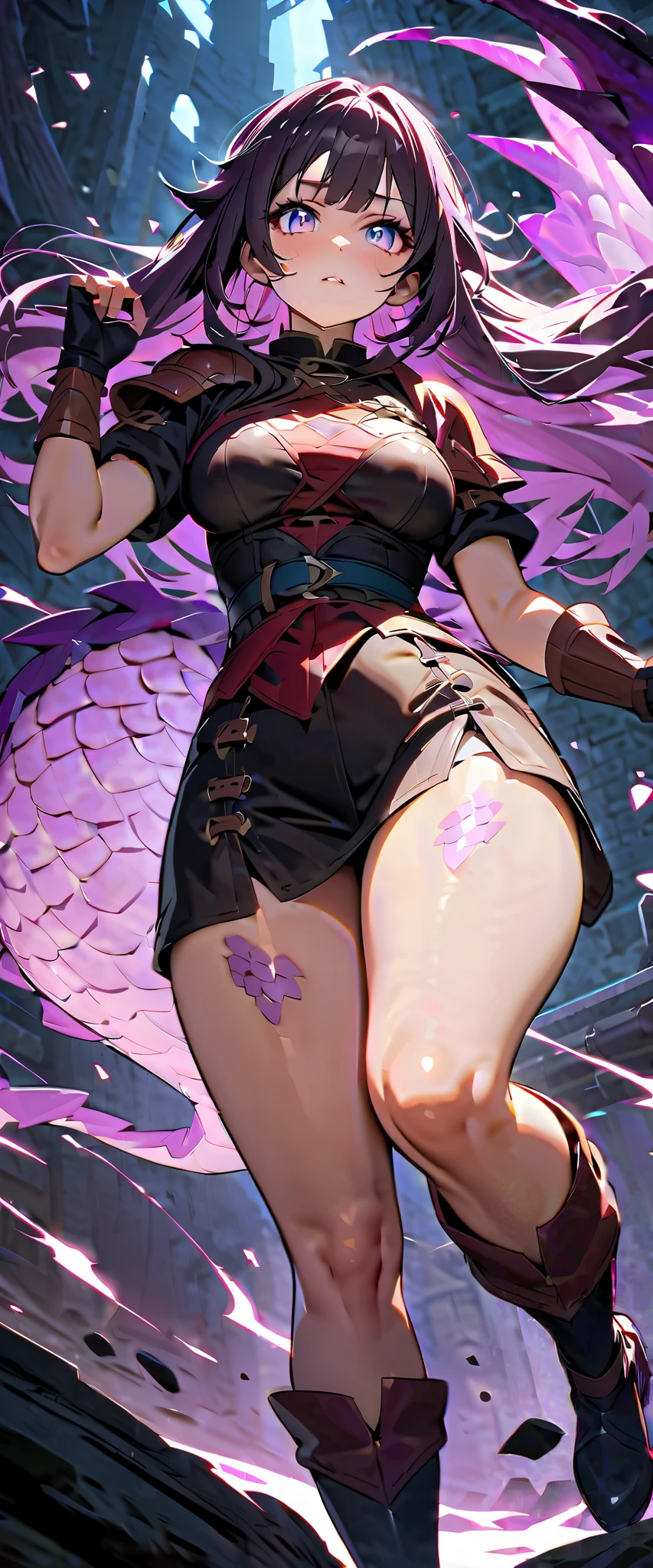 Cute dragon girl, long hair, amethyst color hair, (high-quality, breathtaking),(expressive eyes, perfect face) female, solo, maomao, cowboy shot, full shot, full body, medium breasts, small stature, mature, Thick thighs, absolute territory, Tsundere facial expression, looking towards viewer, HD, High quality image, dusty particles floating around, dark purple dragon scales on skin, adventurer outfit, leather armor, dragon theme, light baby blue eye color, dungeons and dragons theme